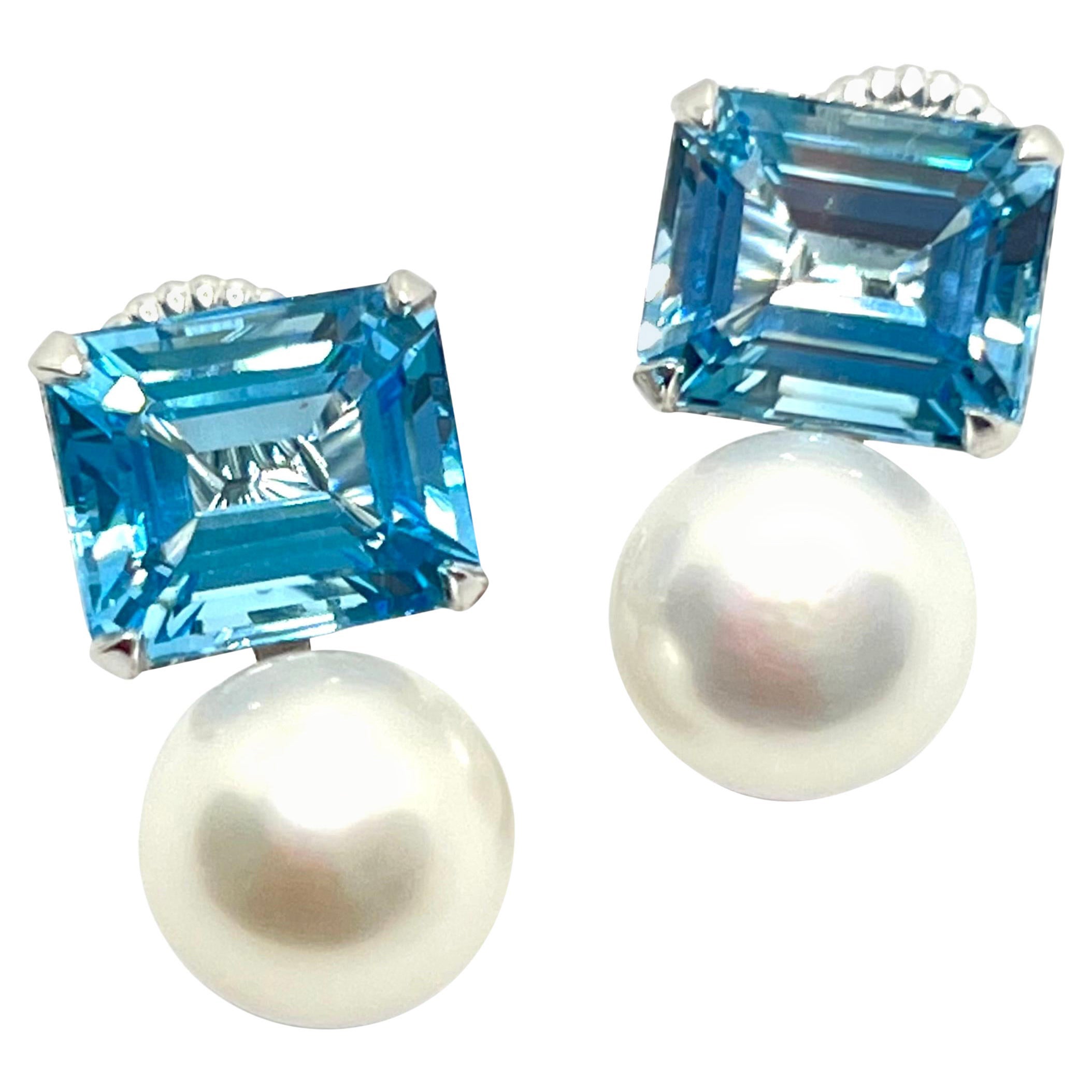 Emerald-cut Blue Topaz and Freshwater Pearl Earrings For Sale