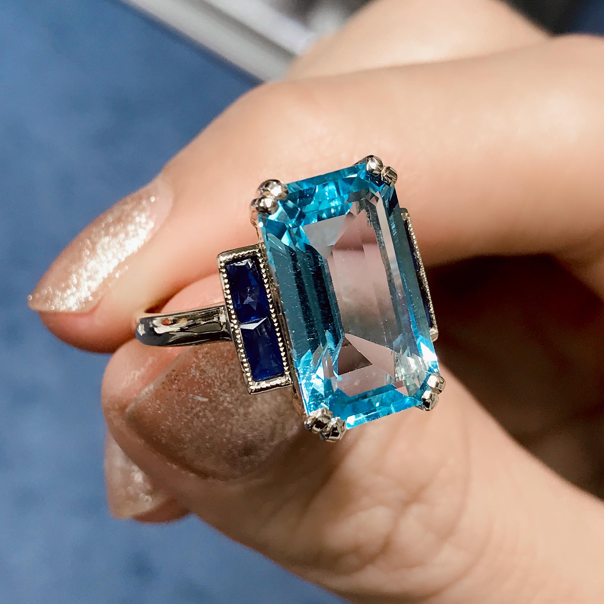 For Sale:  Emerald Cut Blue Topaz and Sapphire Art Deco Style Solitaire Ring in 14k Gold 2