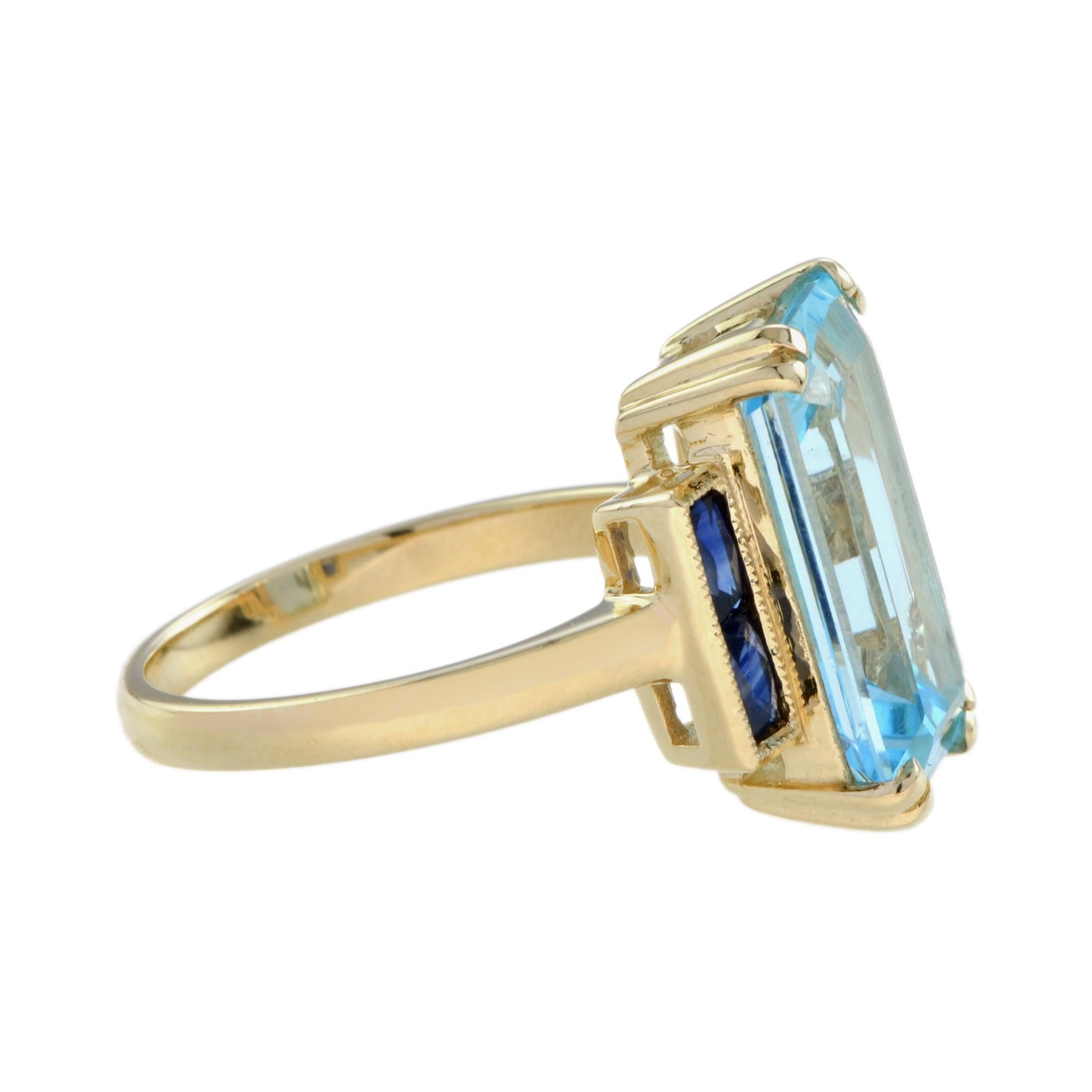 For Sale:  Emerald Cut Blue Topaz and Sapphire Art Deco Style Solitaire Ring in 14k Gold 5