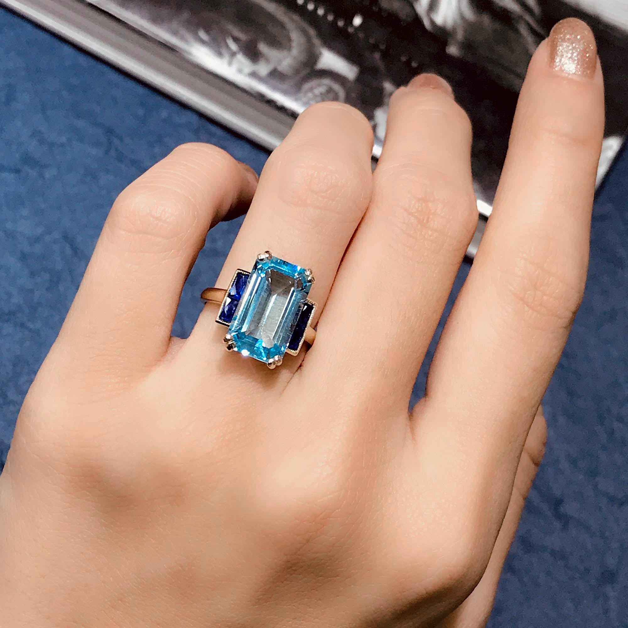 For Sale:  Emerald Cut Blue Topaz and Sapphire Art Deco Style Solitaire Ring in 14k Gold 3
