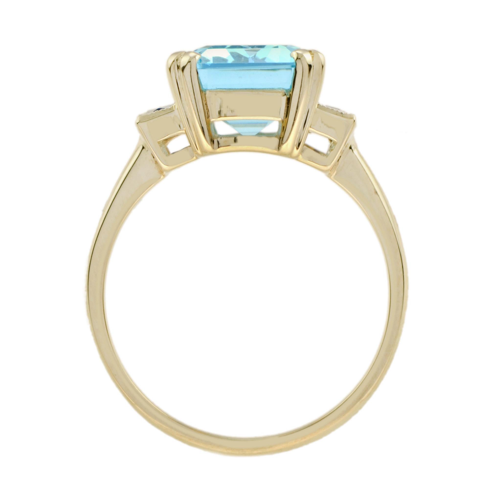 For Sale:  Emerald Cut Blue Topaz and Sapphire Art Deco Style Solitaire Ring in 14k Gold 7