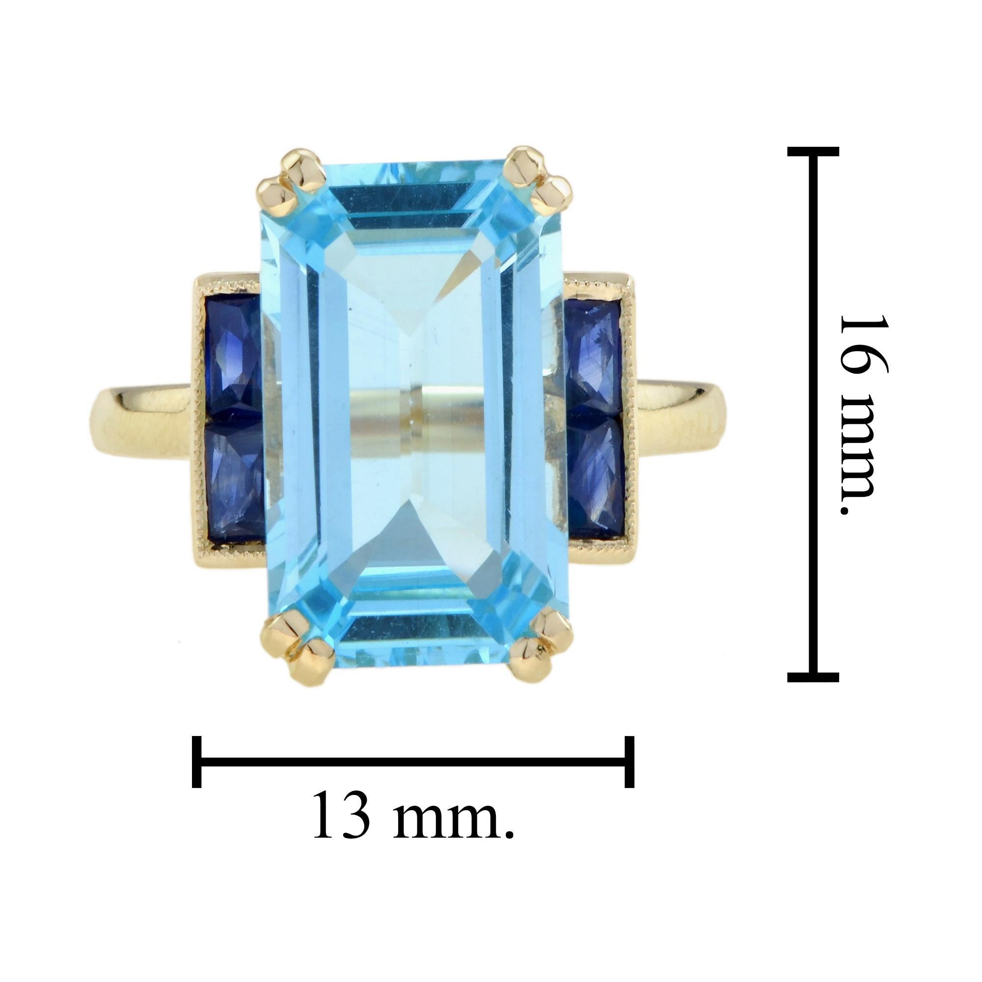 For Sale:  Emerald Cut Blue Topaz and Sapphire Art Deco Style Solitaire Ring in 14k Gold 8