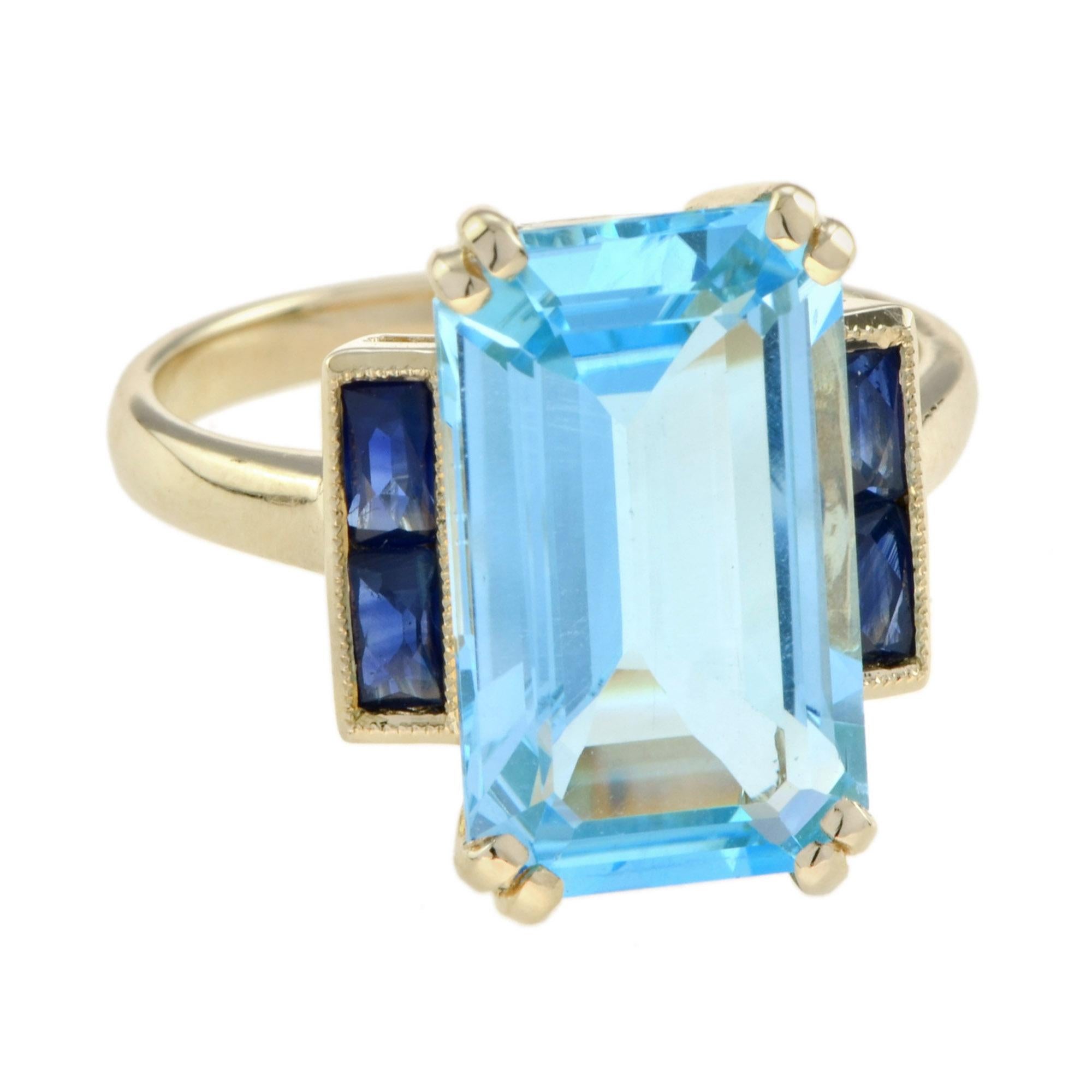 Taglio smeraldo Anello solitario in stile Art Deco con Topazio Blu e Zaffiro taglio smeraldo in oro 9k in vendita