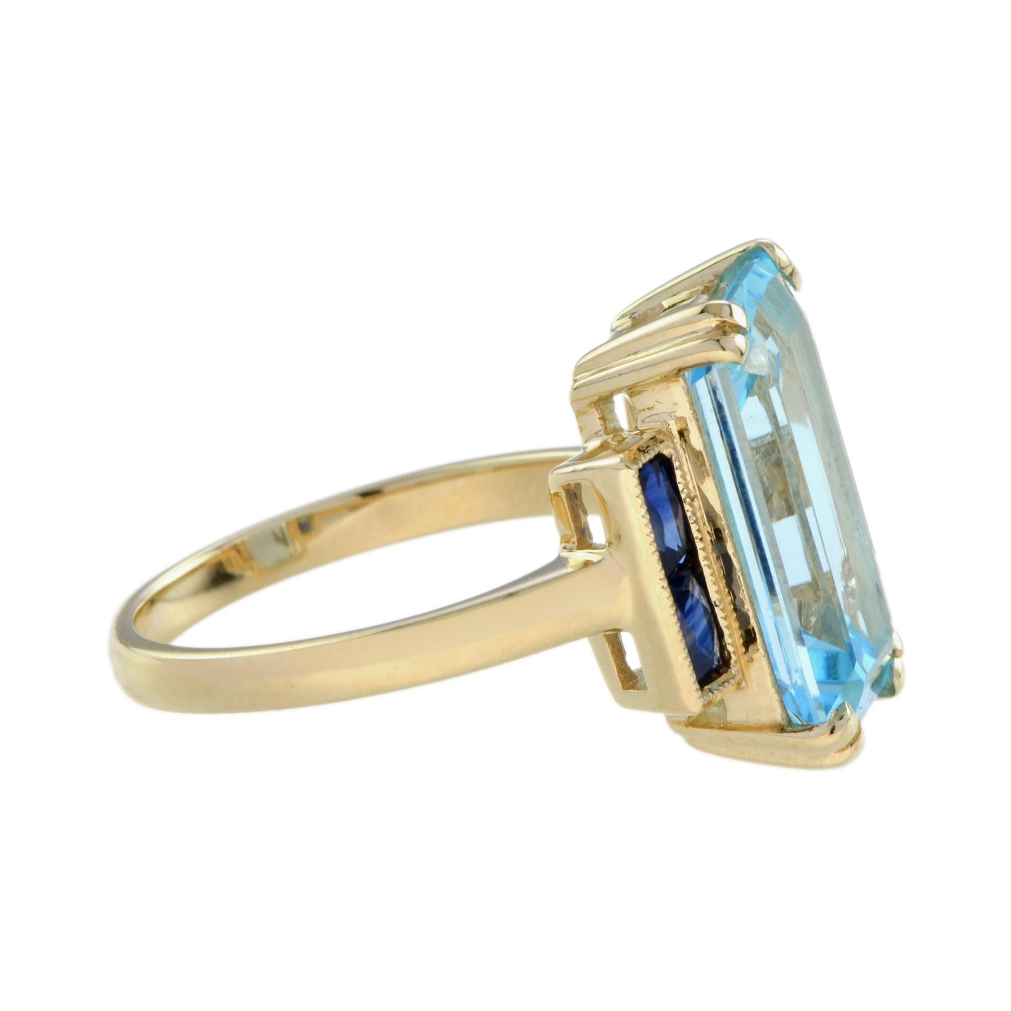 Anello solitario in stile Art Deco con Topazio Blu e Zaffiro taglio smeraldo in oro 9k In condizioni Nuovo in vendita a Bangkok, TH
