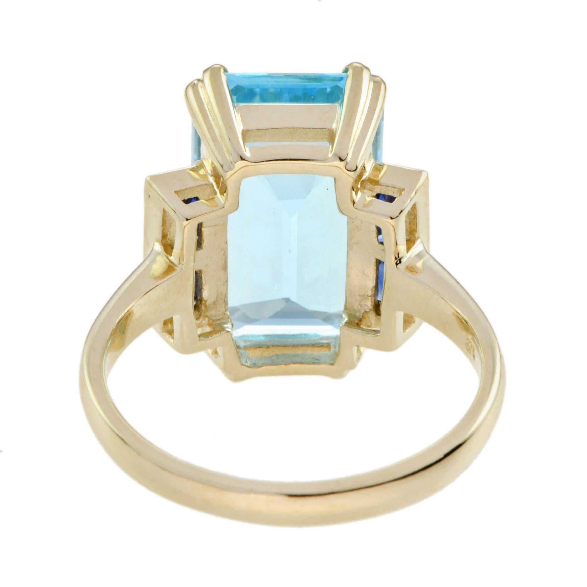 Donna Anello solitario in stile Art Deco con Topazio Blu e Zaffiro taglio smeraldo in oro 9k in vendita