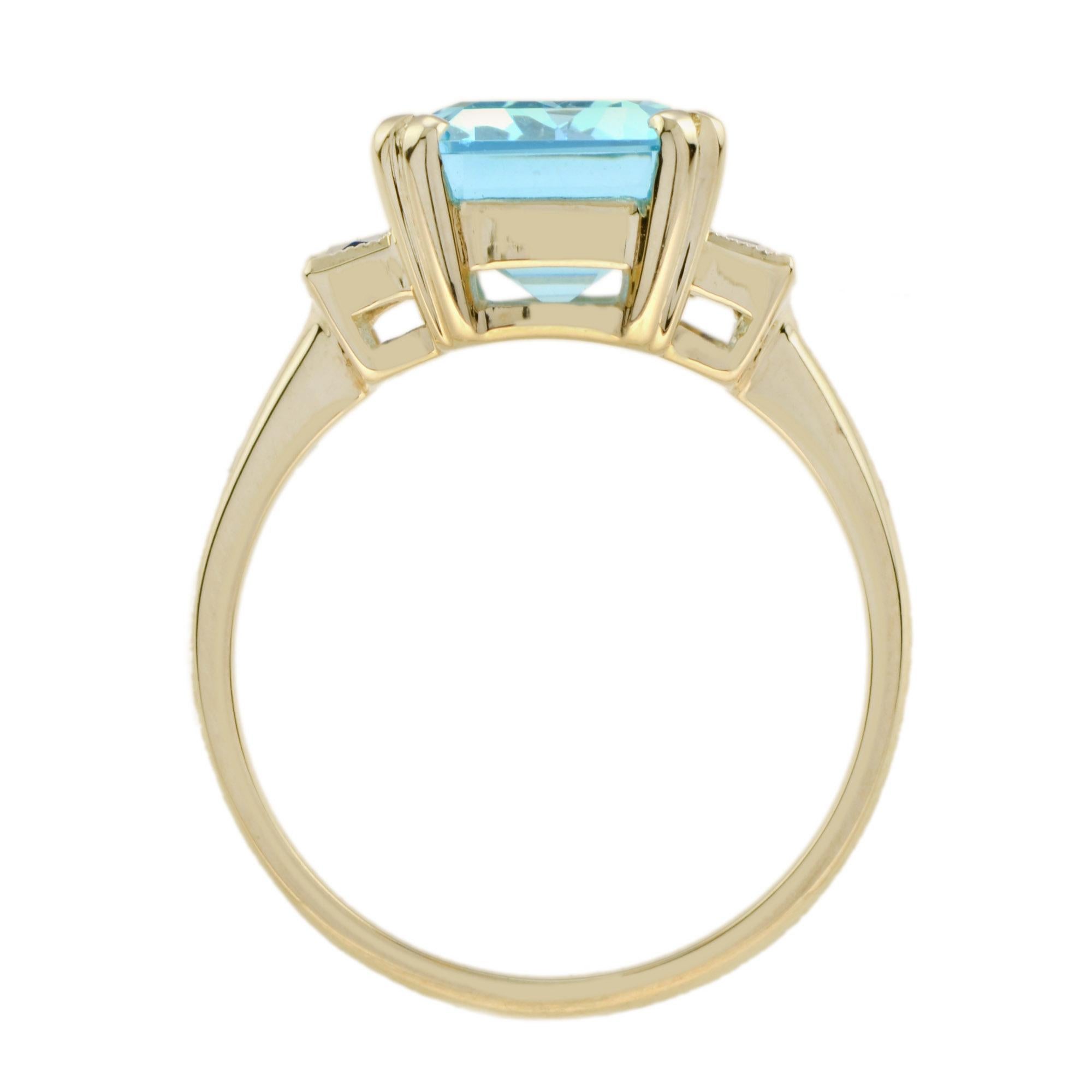 Anello solitario in stile Art Deco con Topazio Blu e Zaffiro taglio smeraldo in oro 9k in vendita 1