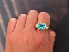 Emerald Cut Blue Topaz Diamond and Garnet Ring 14K Yellow Gold