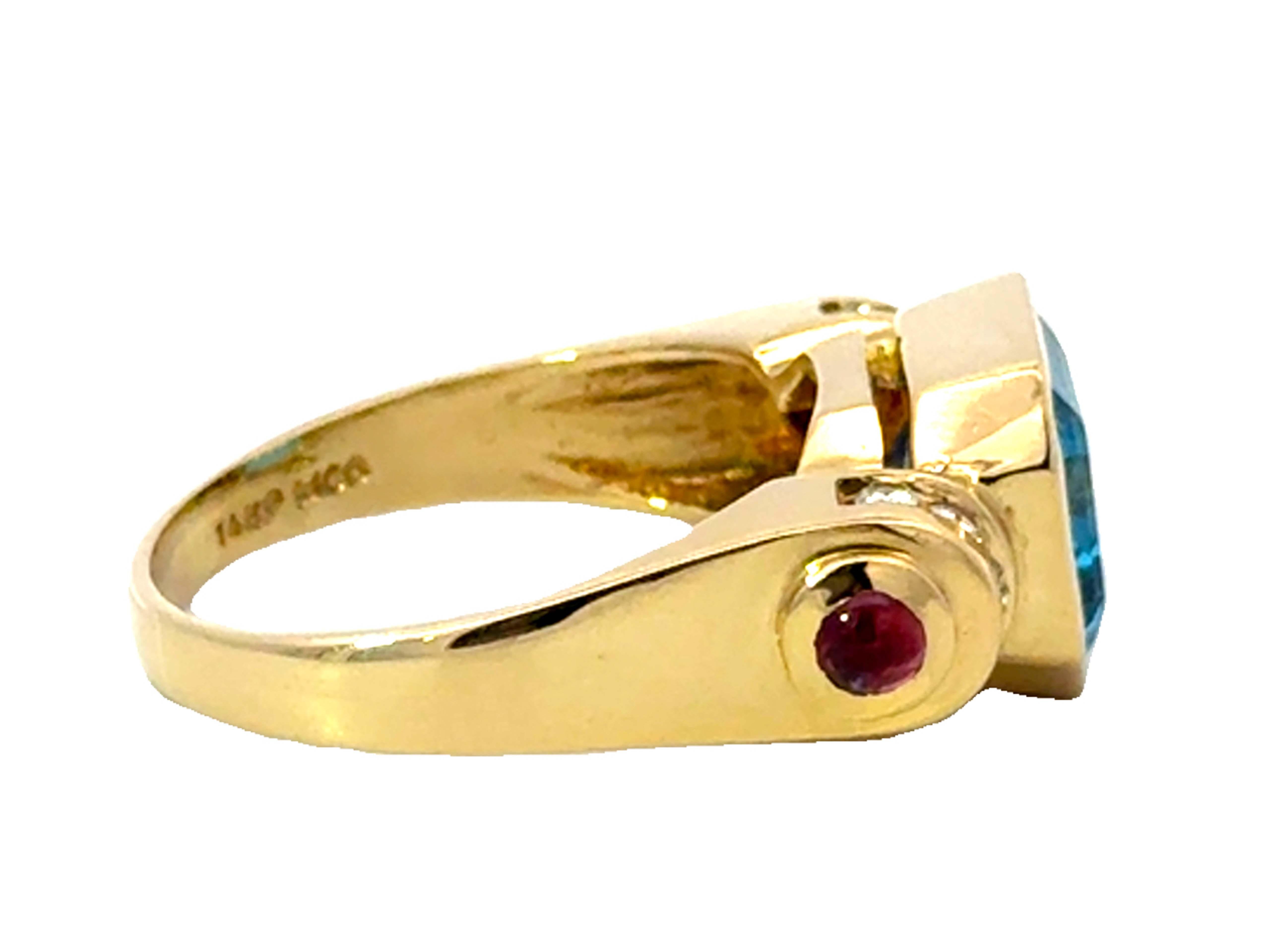 da uomo o donna Anello con diamante e granato Topazio blu taglio smeraldo in oro giallo 14 carati in vendita