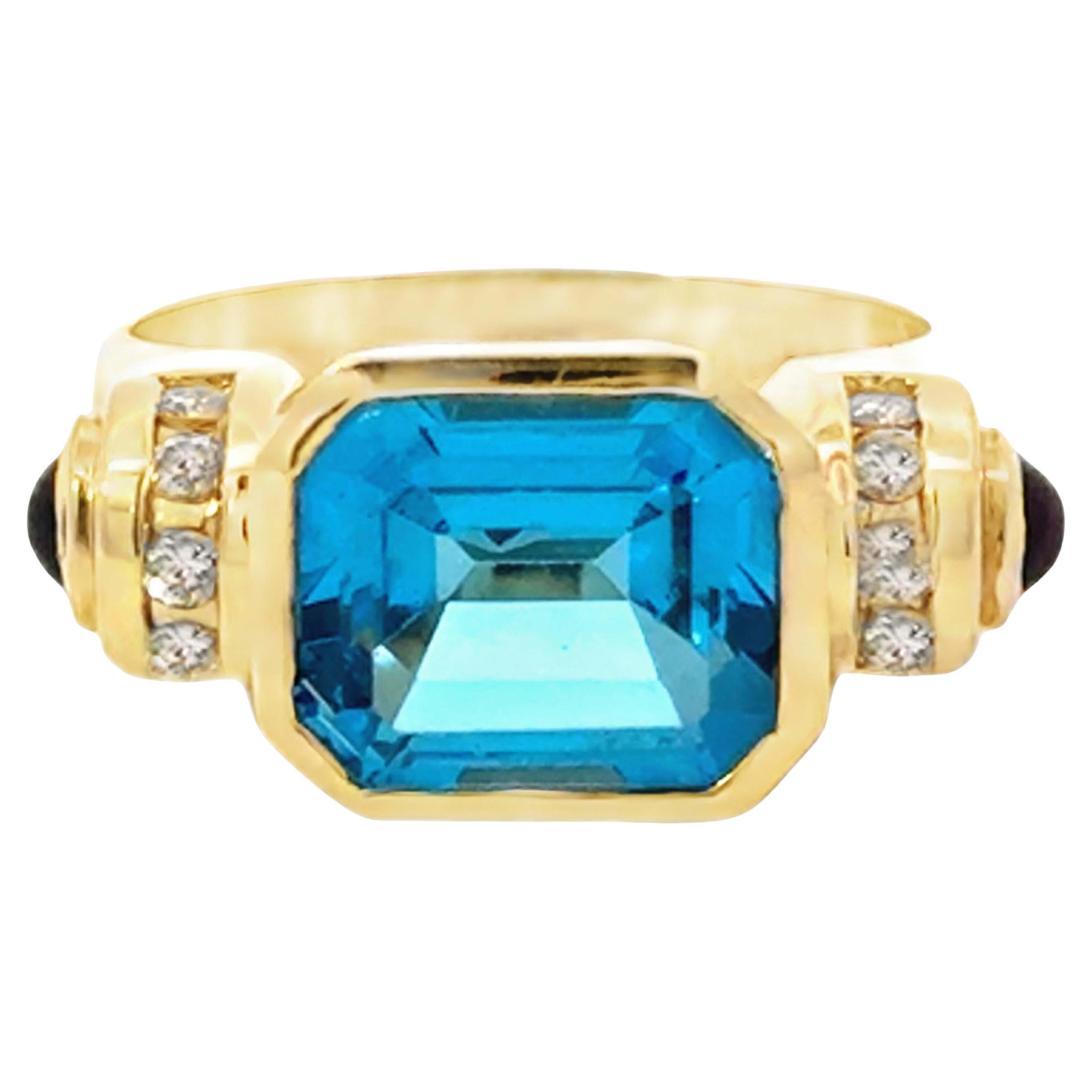 Emerald Cut Blue Topaz Diamond and Garnet Ring 14K Yellow Gold