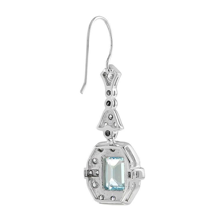 Smaragdgeschliffene Blautopas-Diamant-Tropfenohrringe im Art-déco-Stil aus 18 Karat Weißgold Damen im Angebot