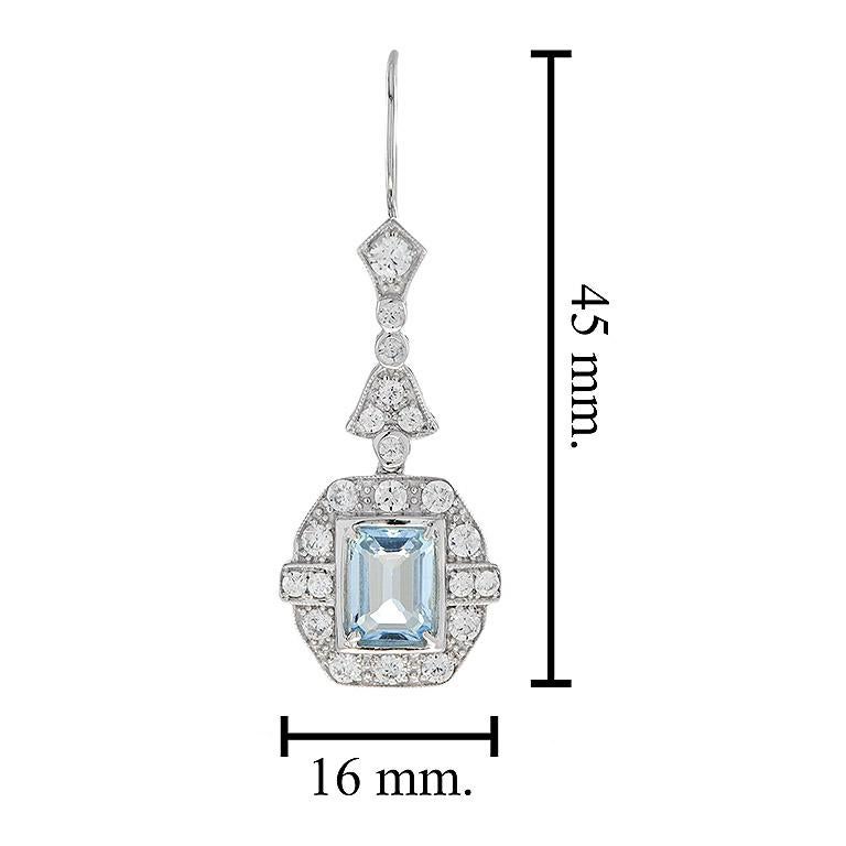 Smaragdgeschliffene Blautopas-Diamant-Tropfenohrringe im Art-déco-Stil aus 18 Karat Weißgold im Angebot 1