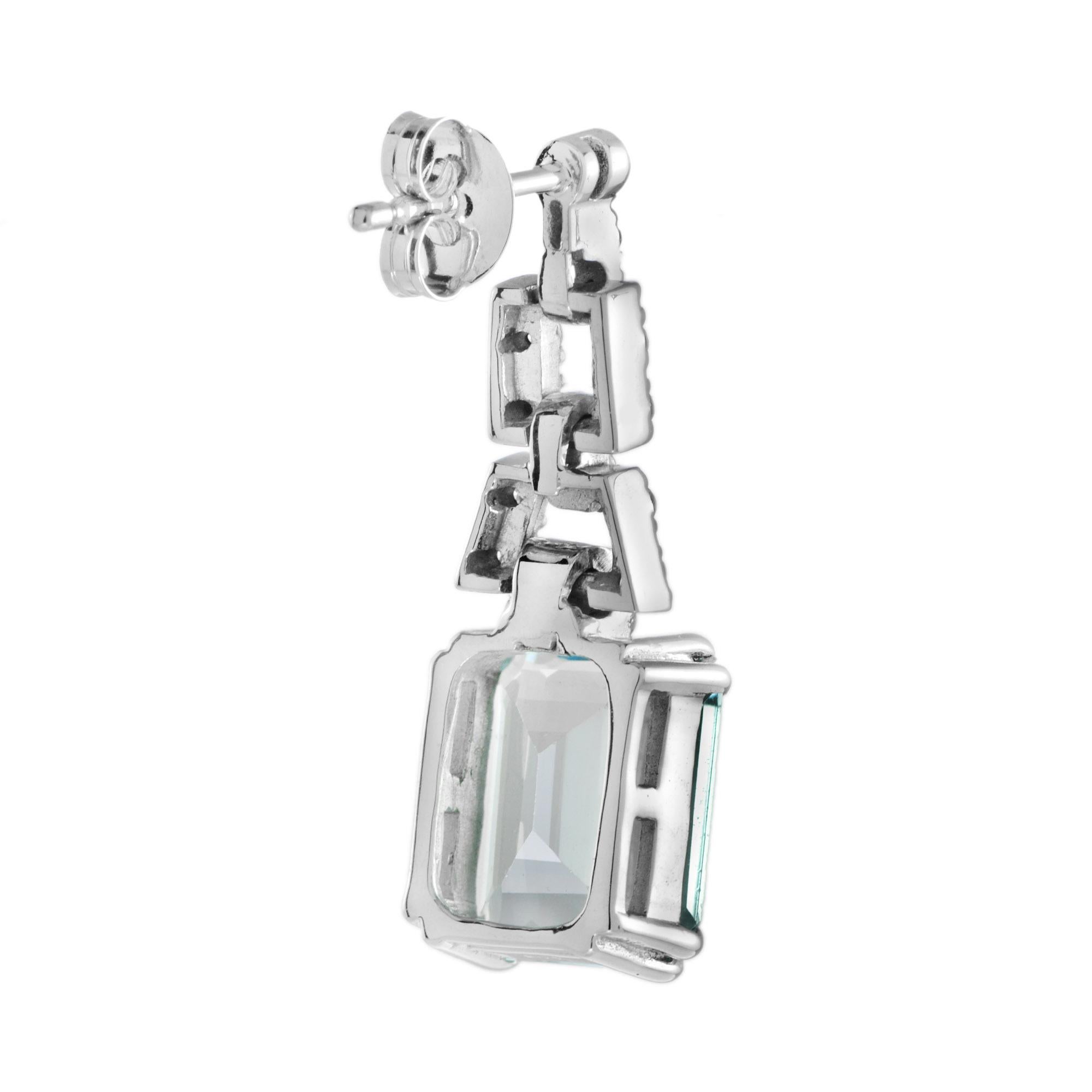 Art déco Emerald Cut Blue Topaz & Diamond Drop 14K White Gold Dangle Earrings en vente