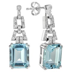 Emerald Cut Blue Topaz & Diamond Drop 14K White Gold Dangle Earrings
