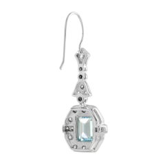 Emerald Cut Blue Topaz & Diamond Halo Drop Dangle Hook 14K White Gold Earrings