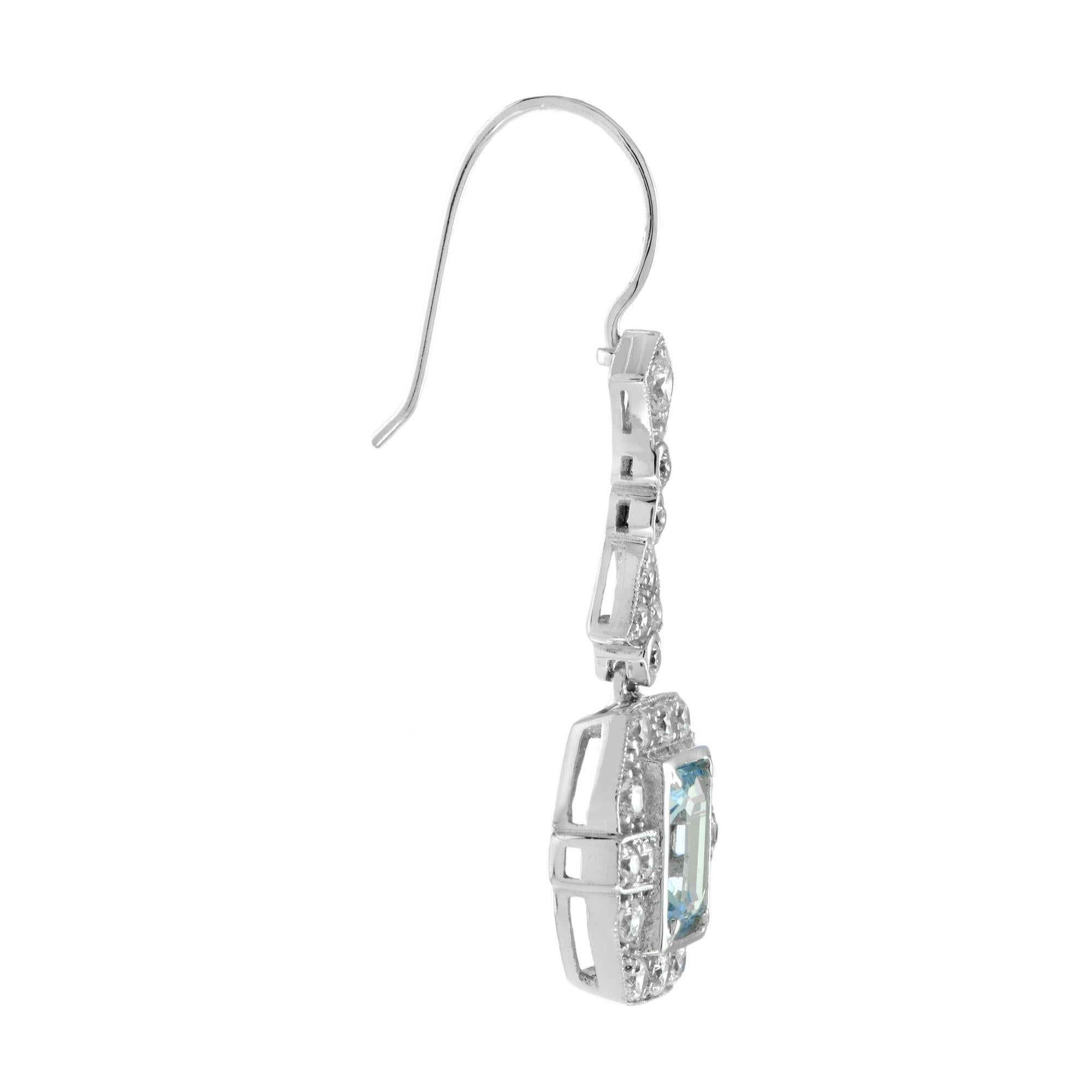 Art Deco Emerald Cut Blue Topaz & Diamond Halo Drop Dangle Hook 14K White Gold Earrings For Sale