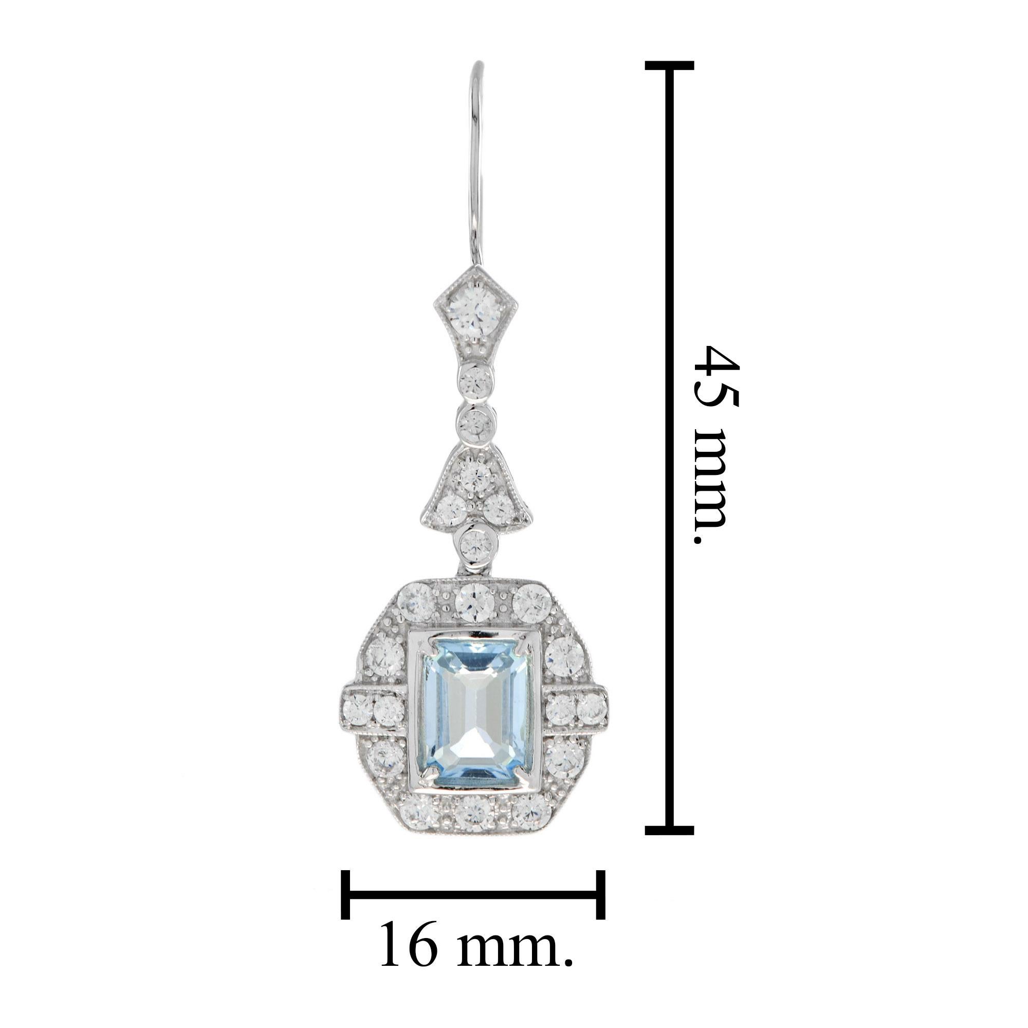 Emerald Cut Blue Topaz & Diamond Halo Drop Dangle Hook 14K White Gold Earrings In New Condition For Sale In Oakton, VA