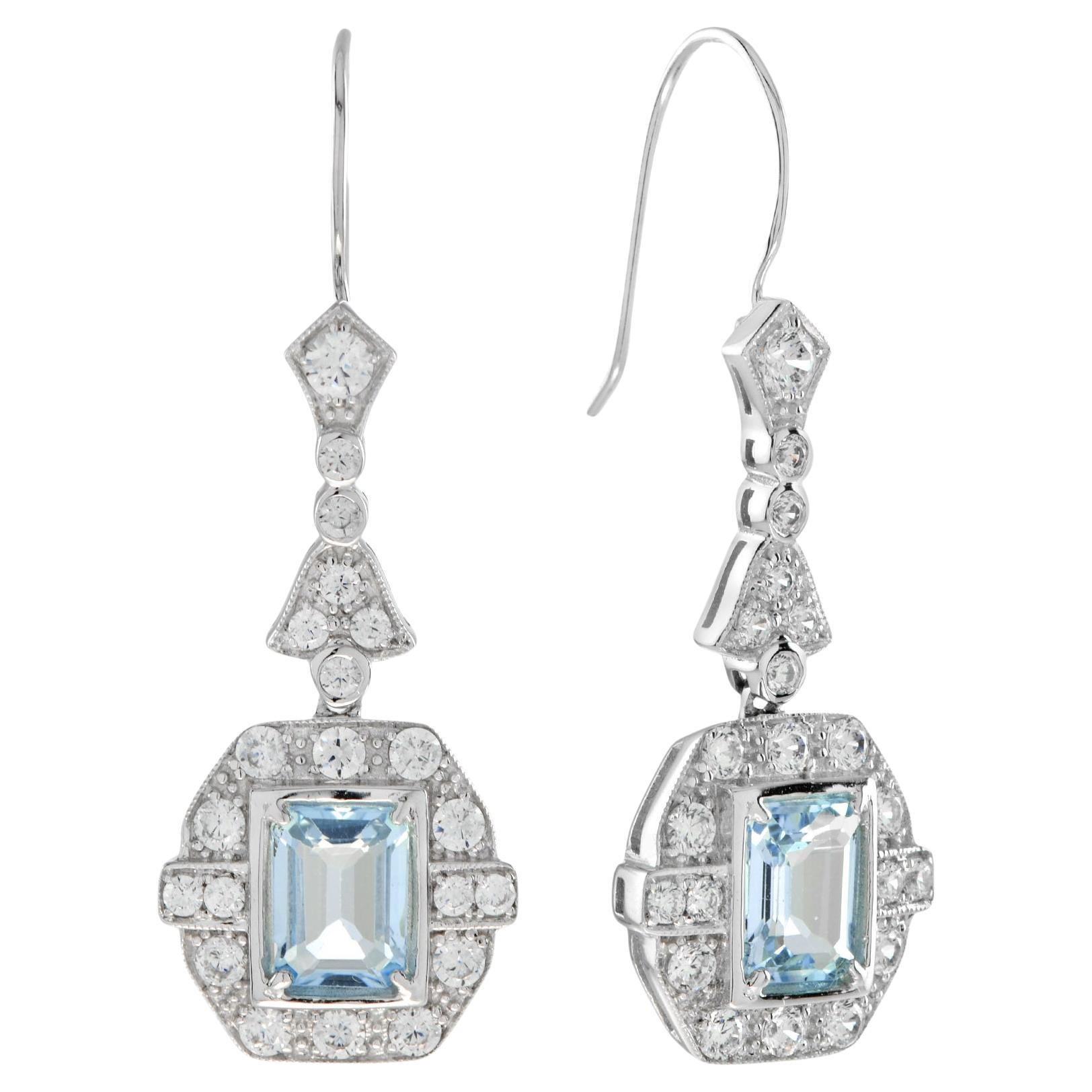 Emerald Cut Blue Topaz & Diamond Halo Drop Dangle Hook 14K White Gold Earrings For Sale