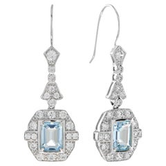 Emerald Cut Blue Topaz & Diamond Halo Drop Dangle Hook 14K White Gold Earrings
