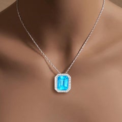 Emerald Cut Blue Topaz Diamond Halo Necklace 16.64cttw 14k White Gold