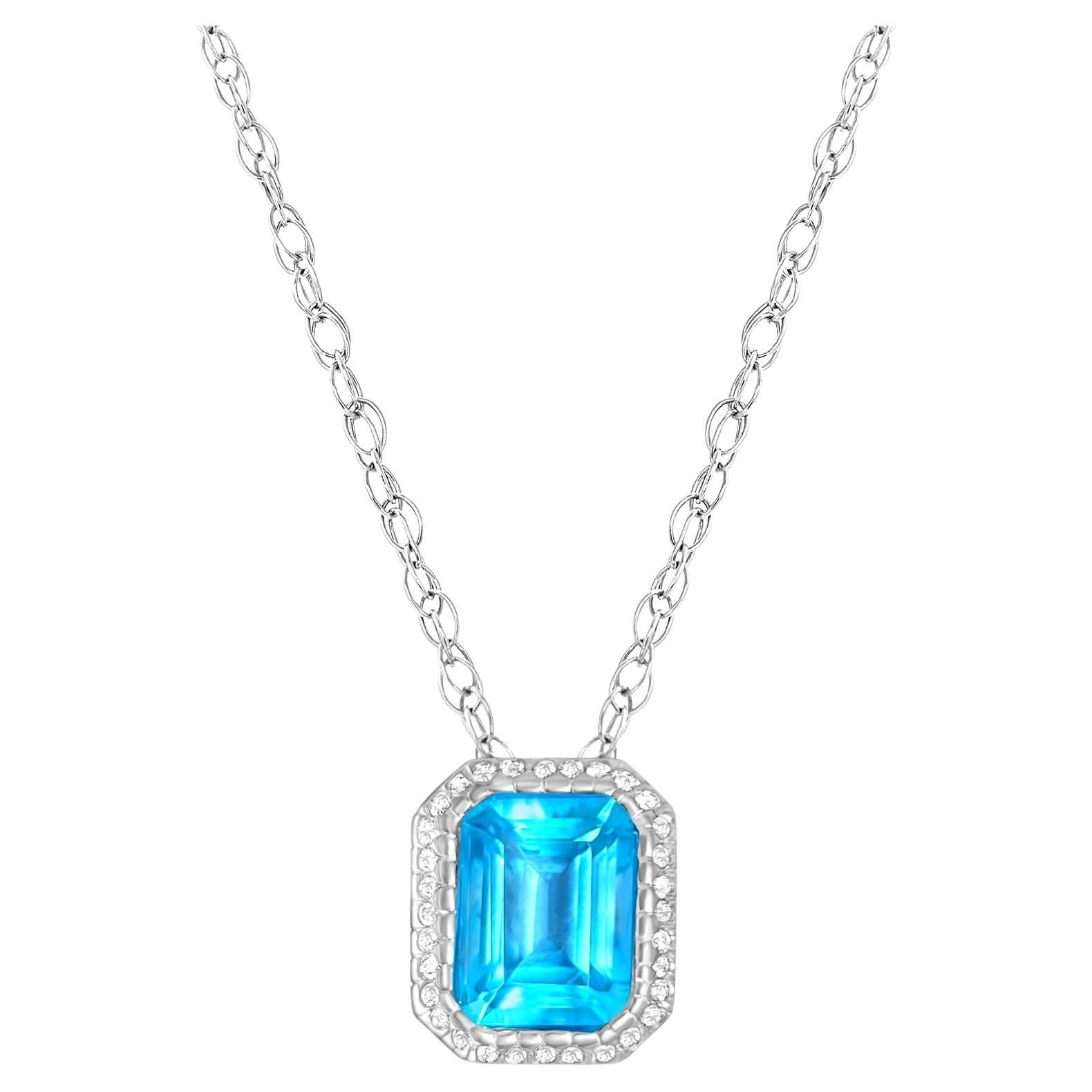 Emerald Cut Blue Topaz Diamond Halo Necklace 16.64cttw 14k White Gold