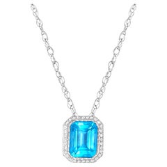 Emerald Cut Blue Topaz Diamond Halo Necklace 16.64cttw 14k White Gold