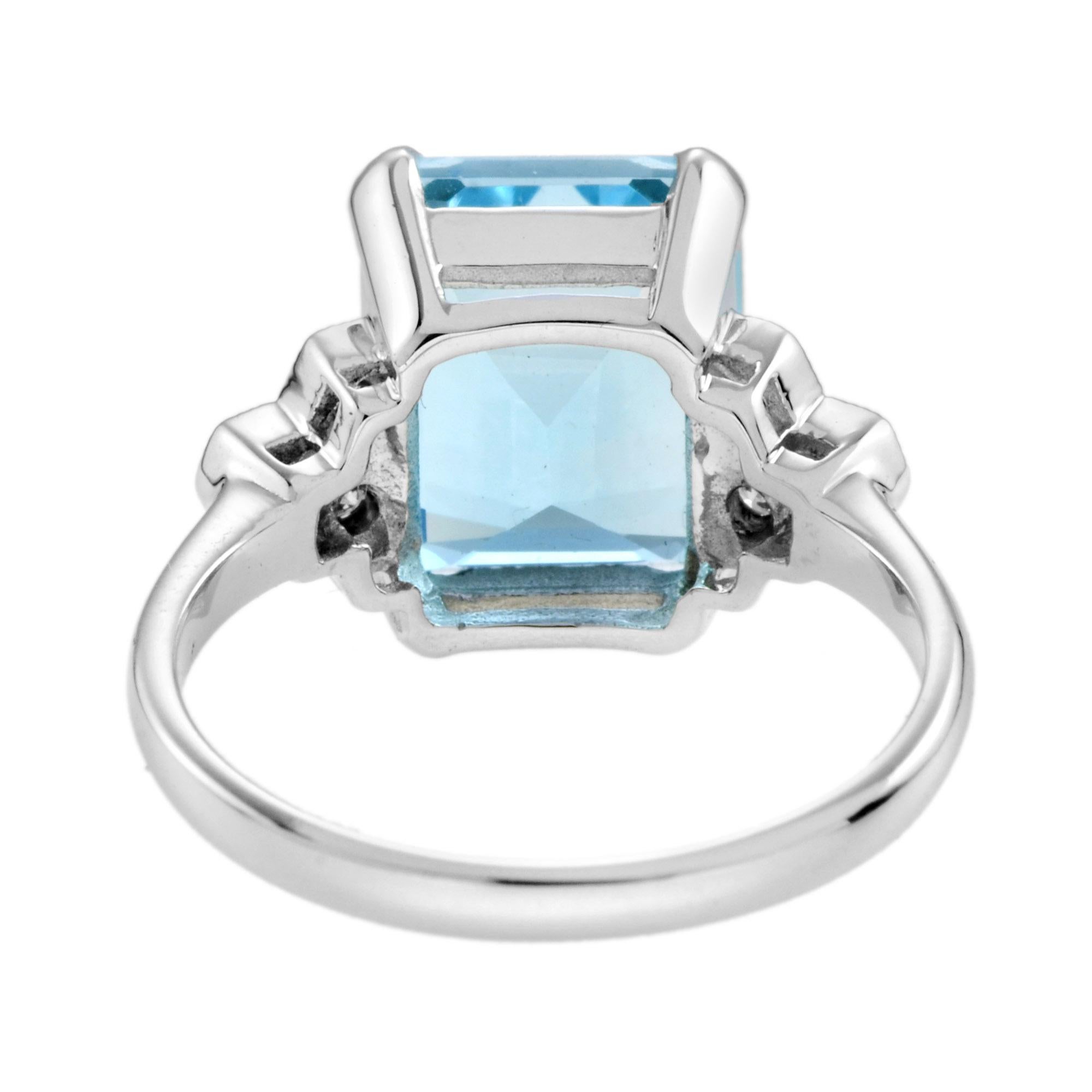 Blauer Topas im Smaragdschliff & Diamant Solitär 9K Weißgold Ring (Art déco) im Angebot