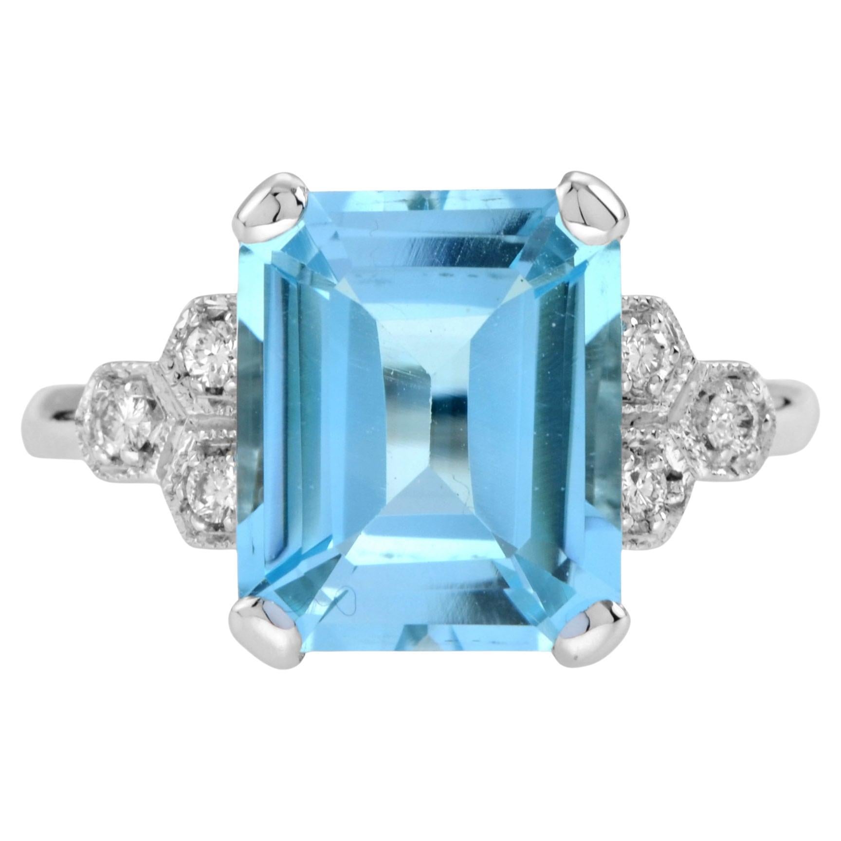 Blauer Topas im Smaragdschliff & Diamant Solitär 9K Weißgold Ring im Angebot