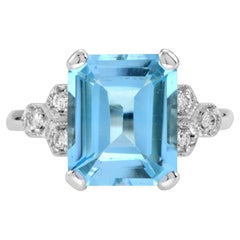Blauer Topas im Smaragdschliff & Diamant Solitär 9K Weißgold Ring