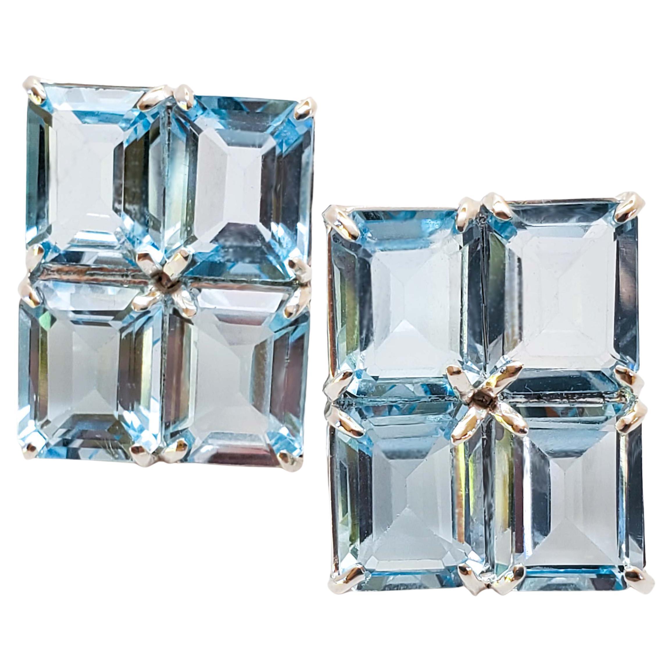 Emerald Cut Blue Topaz Grid Stud Earrings in Sterling Silver For Sale