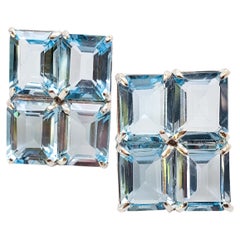 Emerald Cut Blue Topaz Grid Stud Earrings in Sterling Silver