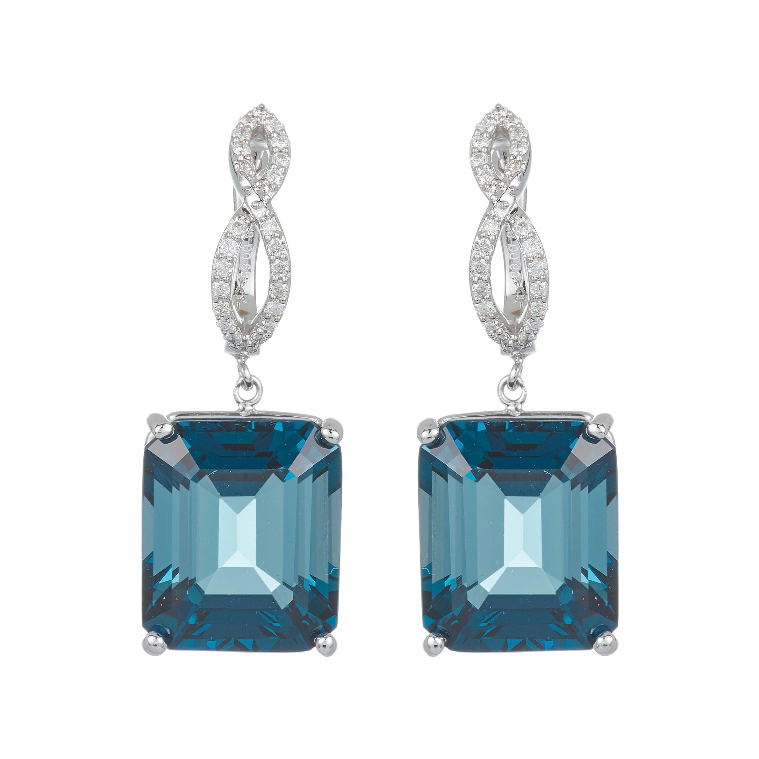 Emerald Cut Blue Topaz Infinity Drop Dangle Earrings Diamond 14k White Gold