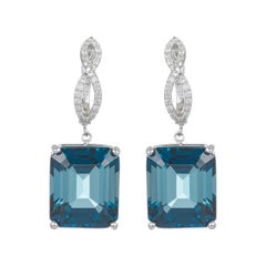Emerald Cut Blue Topaz Infinity Drop Dangle Earrings Diamond 14k White Gold