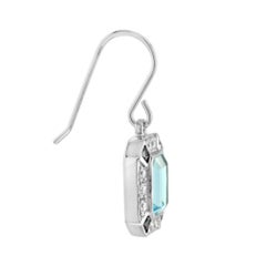 Emerald Cut Blue Topaz Onyx Diamond Art Deco Style Drop 14K White Gold Earrings