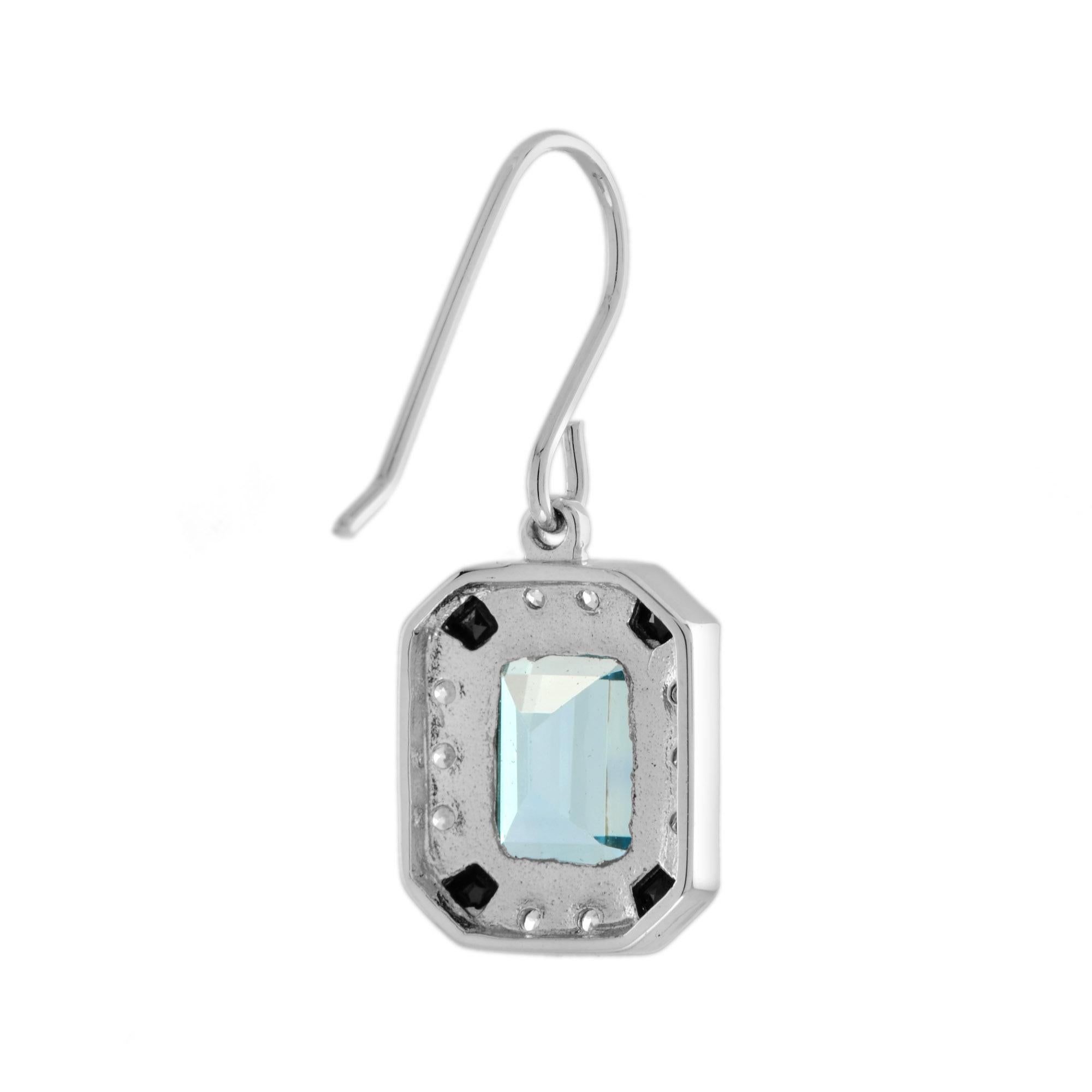 Art déco Boucles d'oreilles pendantes en or blanc 14 carats, Topaze bleue, Onyx, Diamant, Style Art Déco en vente