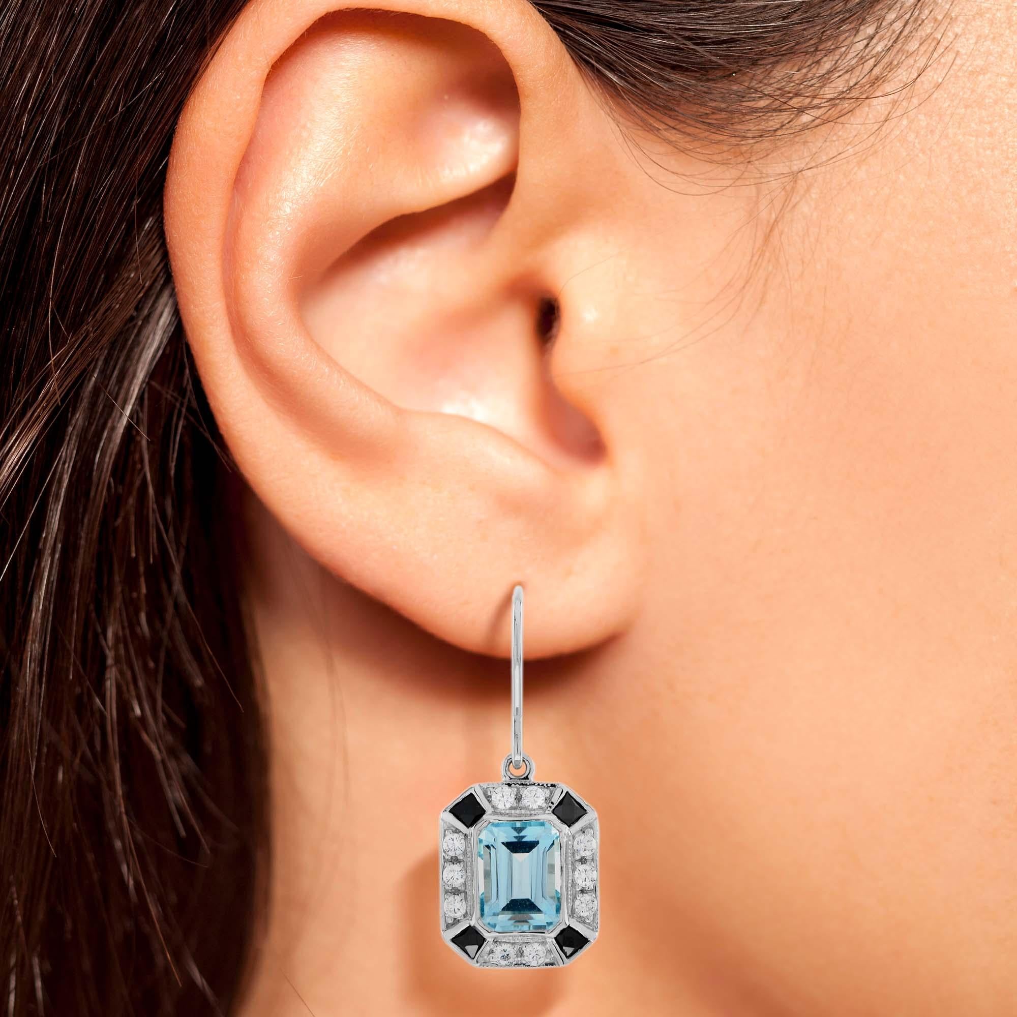 Boucles d'oreilles pendantes en or blanc 14 carats, Topaze bleue, Onyx, Diamant, Style Art Déco Neuf - En vente à Oakton, VA