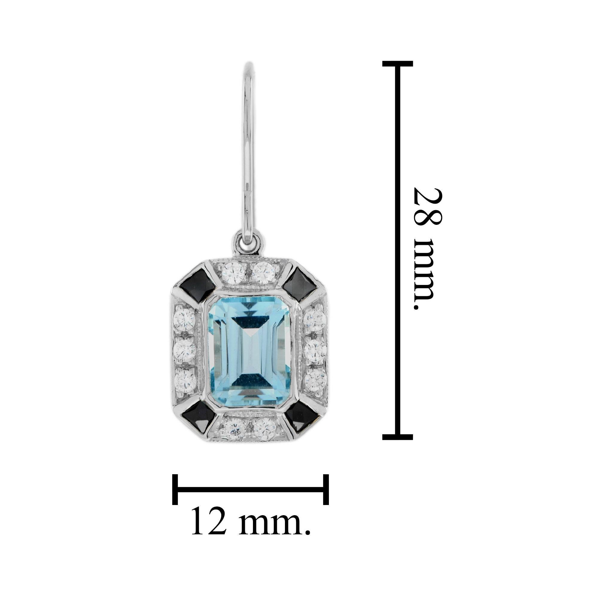 Emerald Cut Blue Topaz Onyx Diamond Art Deco Style Drop Earrings in 14K Gold For Sale 1