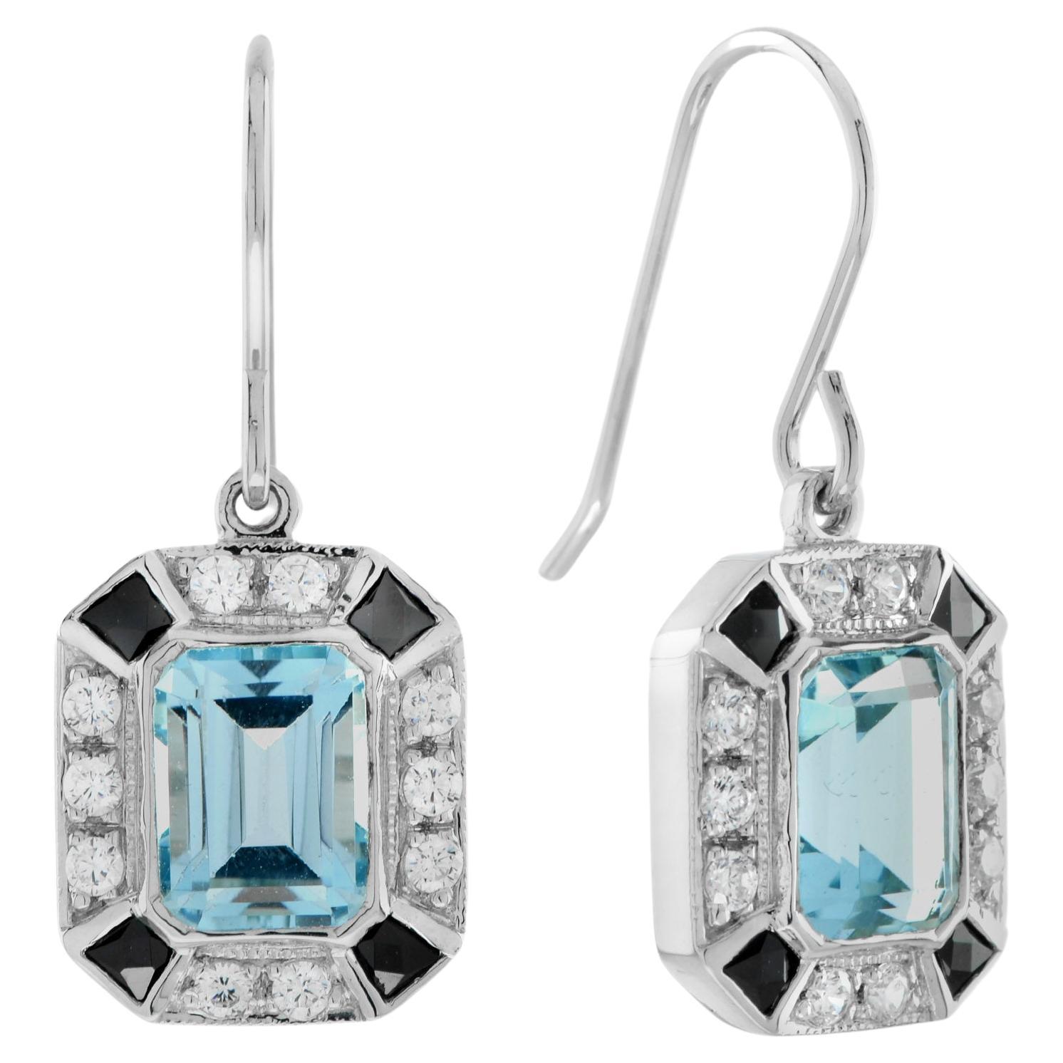 Emerald Cut Blue Topaz Onyx Diamond Art Deco Style Drop Earrings in 14K Gold For Sale