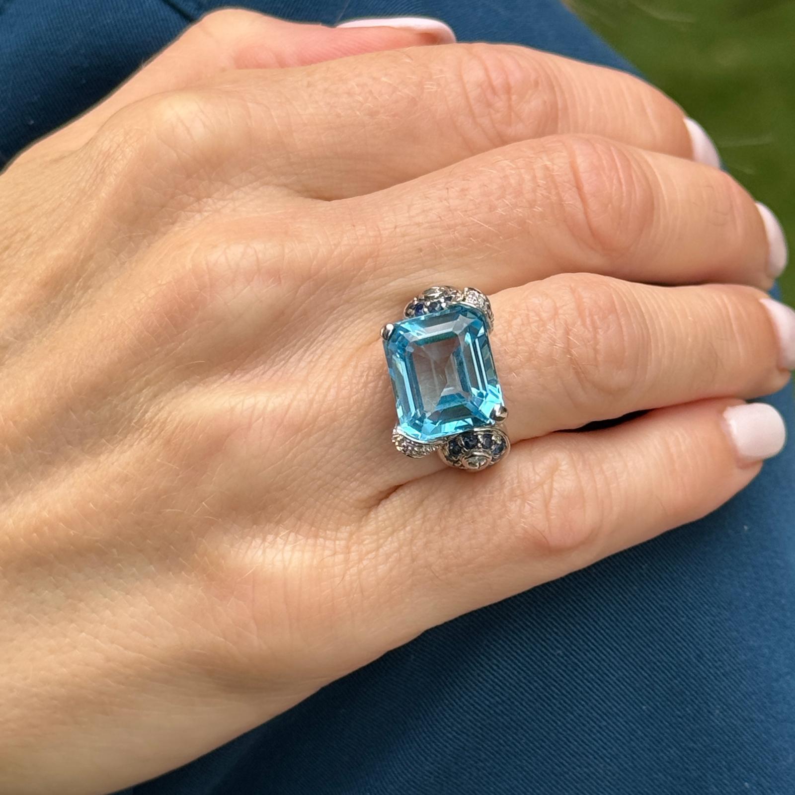 Modern Emerald Cut Blue Topaz Sapphire Diamond 14 Karat White Gold Cocktail Ring For Sale
