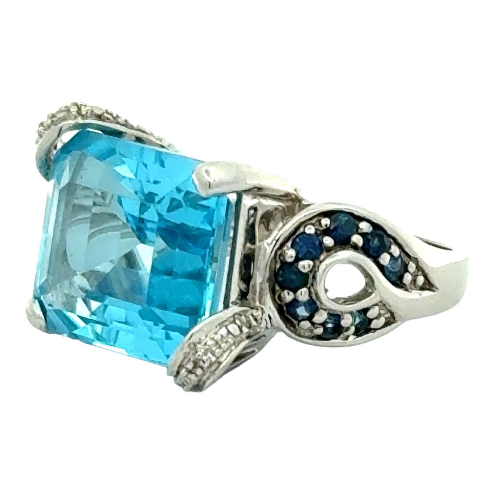Emerald Cut Blue Topaz Sapphire Diamond 14 Karat White Gold Cocktail Ring In Excellent Condition For Sale In Boca Raton, FL