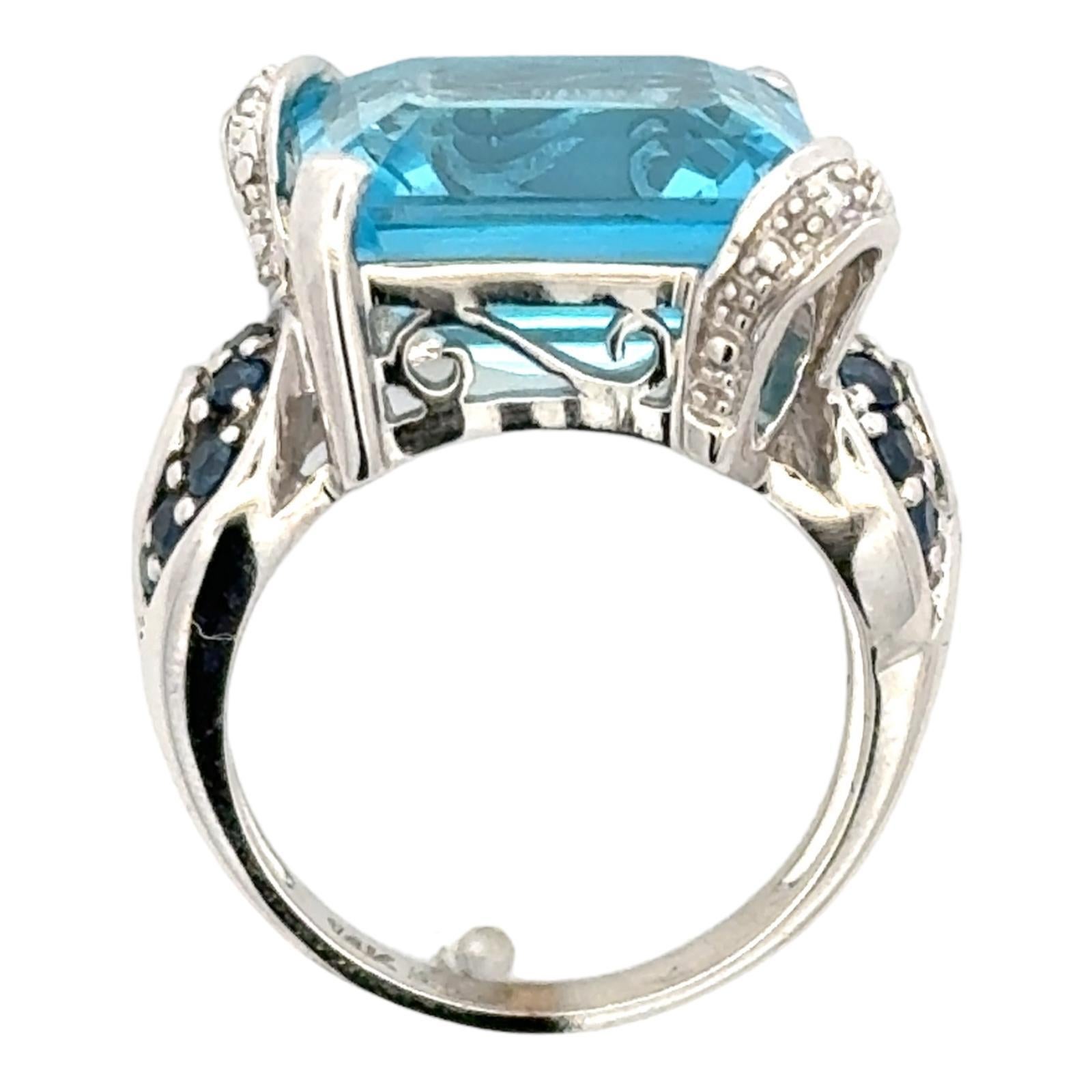Emerald Cut Blue Topaz Sapphire Diamond 14 Karat White Gold Cocktail Ring For Sale 1