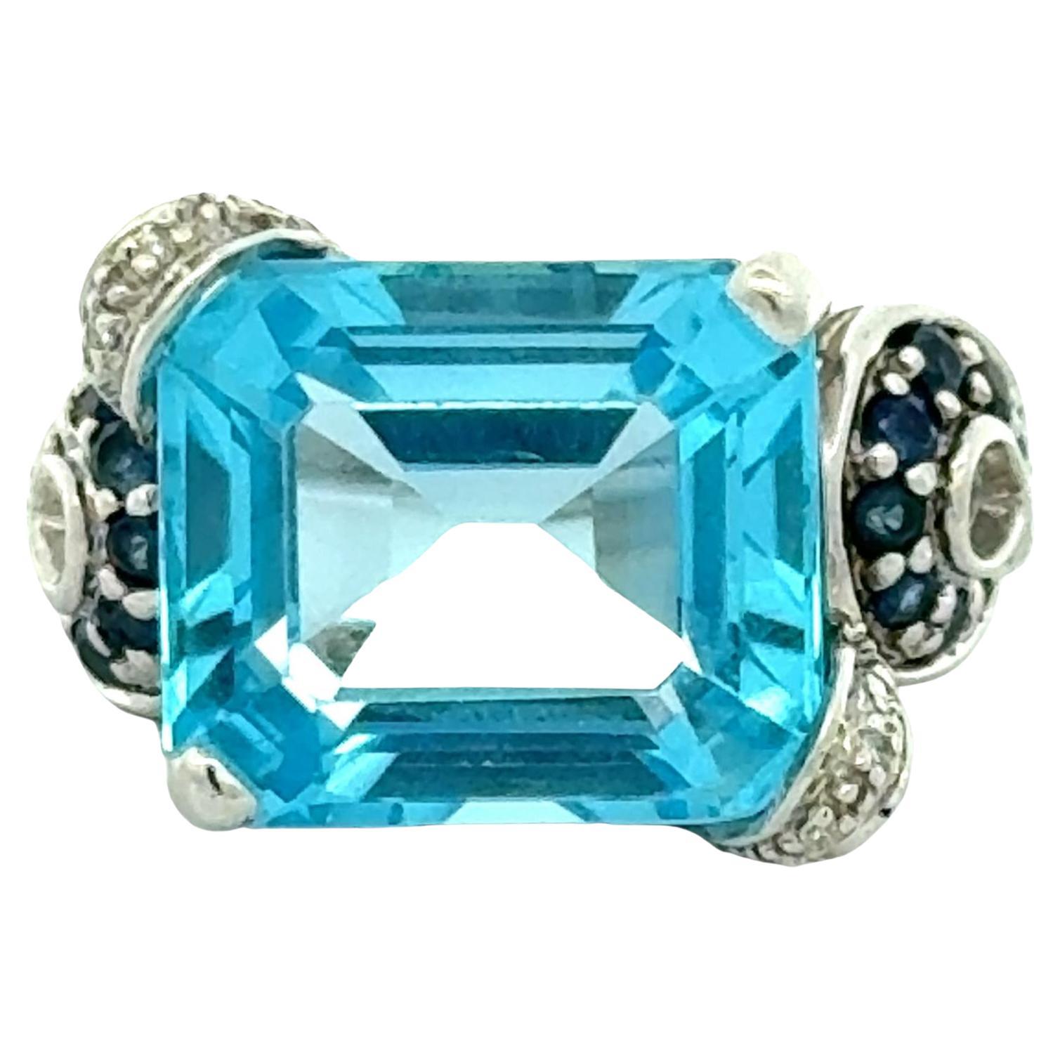 Emerald Cut Blue Topaz Sapphire Diamond 14 Karat White Gold Cocktail Ring