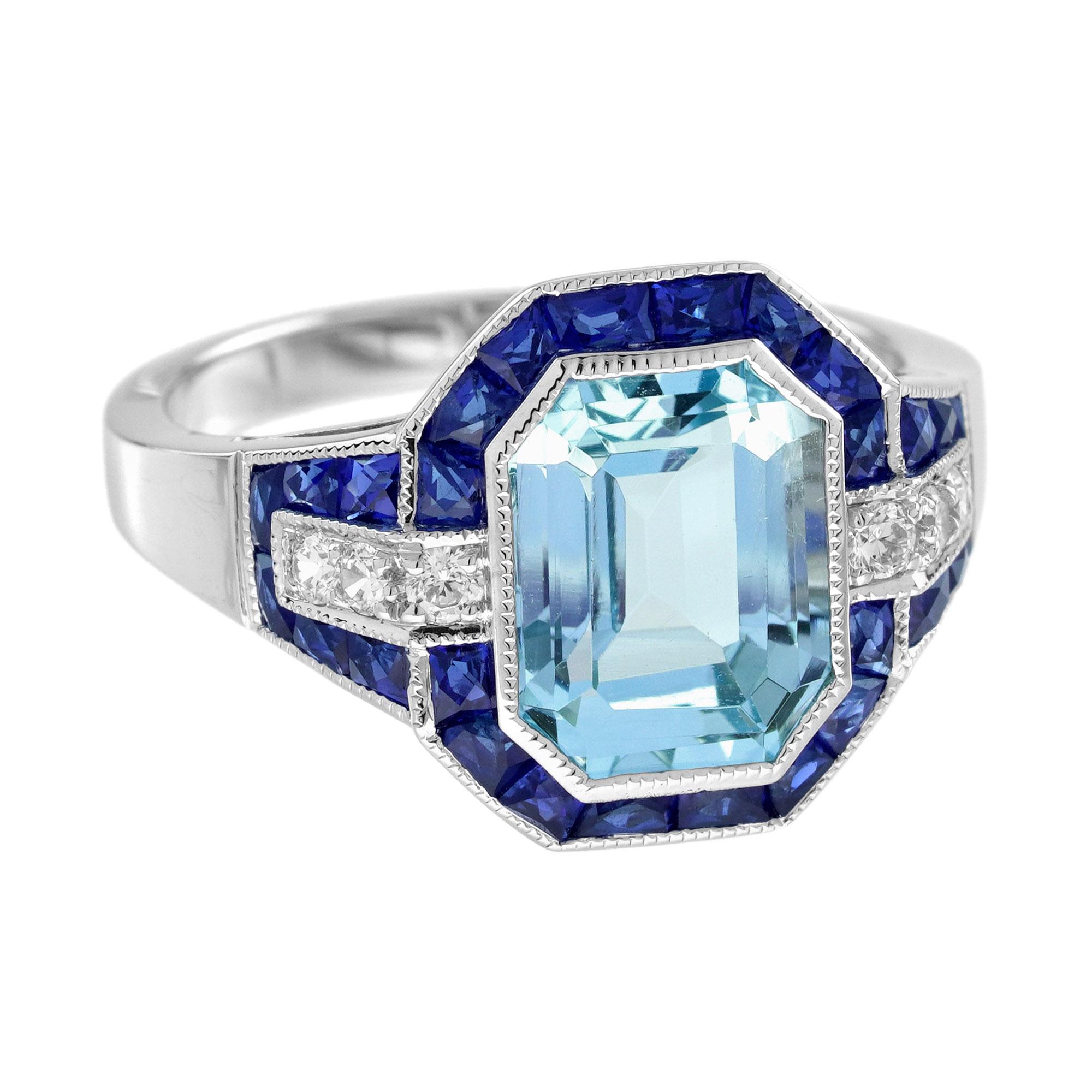 Emerald Cut Blue Topaz Sapphire Diamond Art Deco Style Ring in 18K White Gold In New Condition For Sale In Bangkok, TH