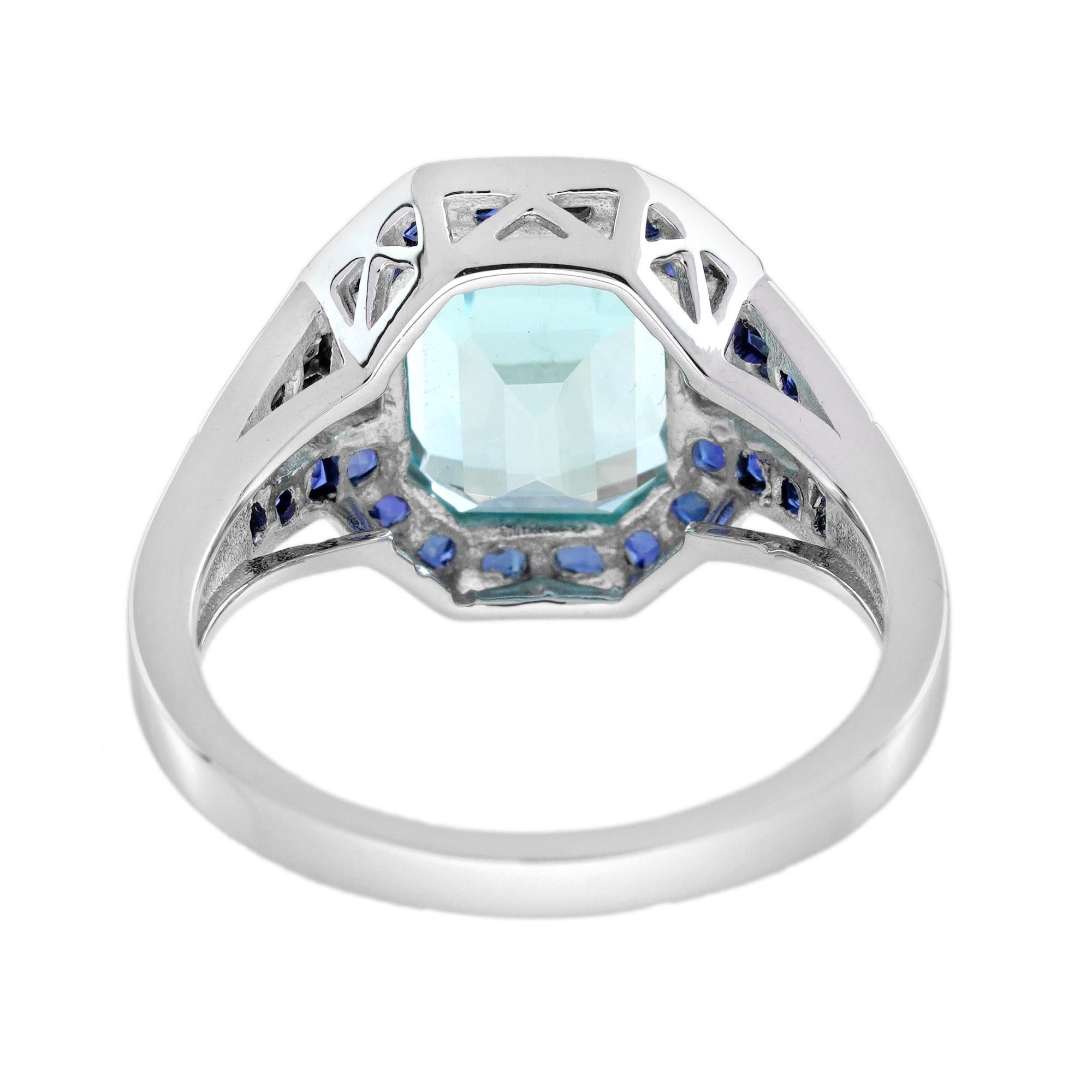 Emerald Cut Blue Topaz Sapphire Diamond Art Deco Style Ring in 18K White Gold For Sale 1