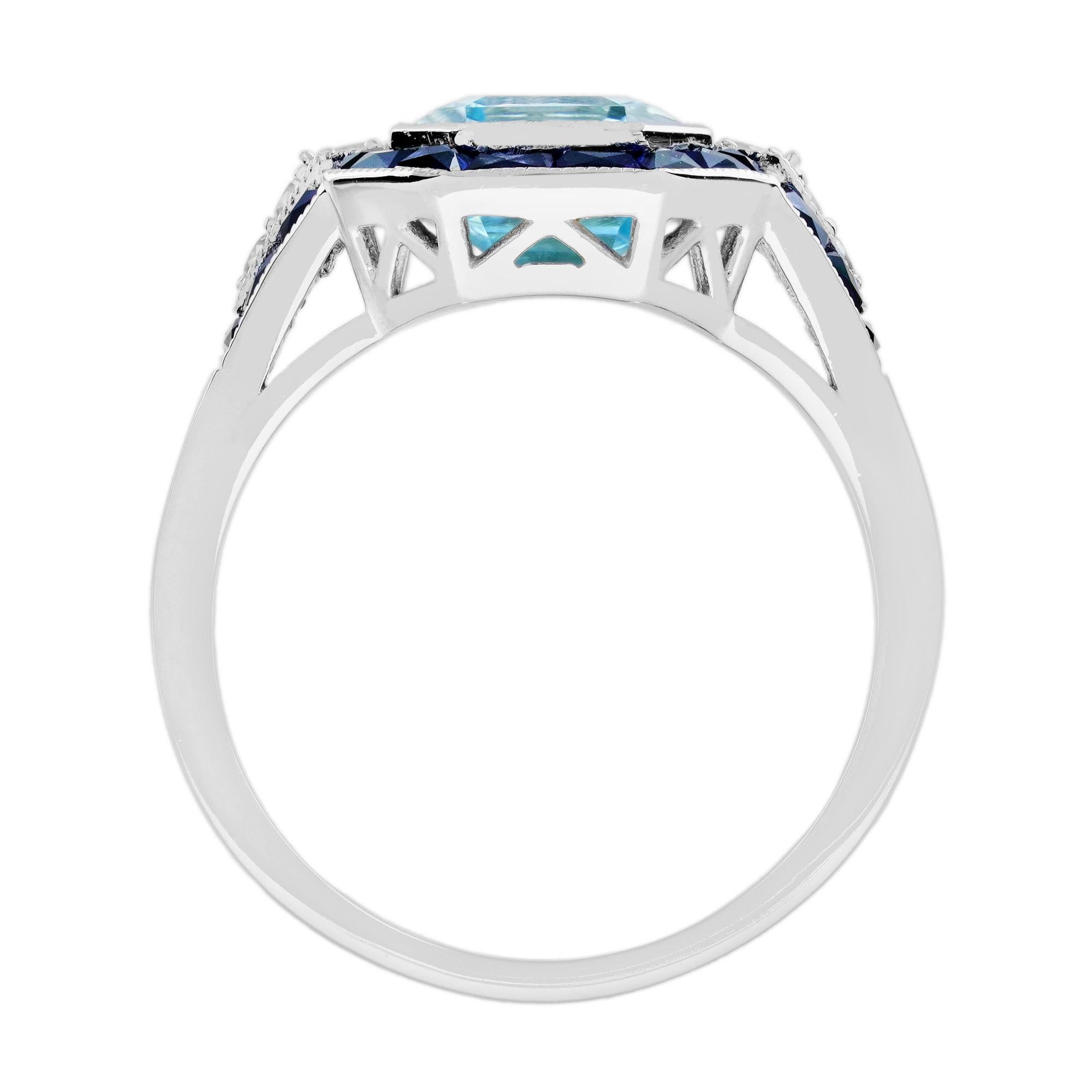 Emerald Cut Blue Topaz Sapphire Diamond Art Deco Style Ring in 18K White Gold For Sale 2