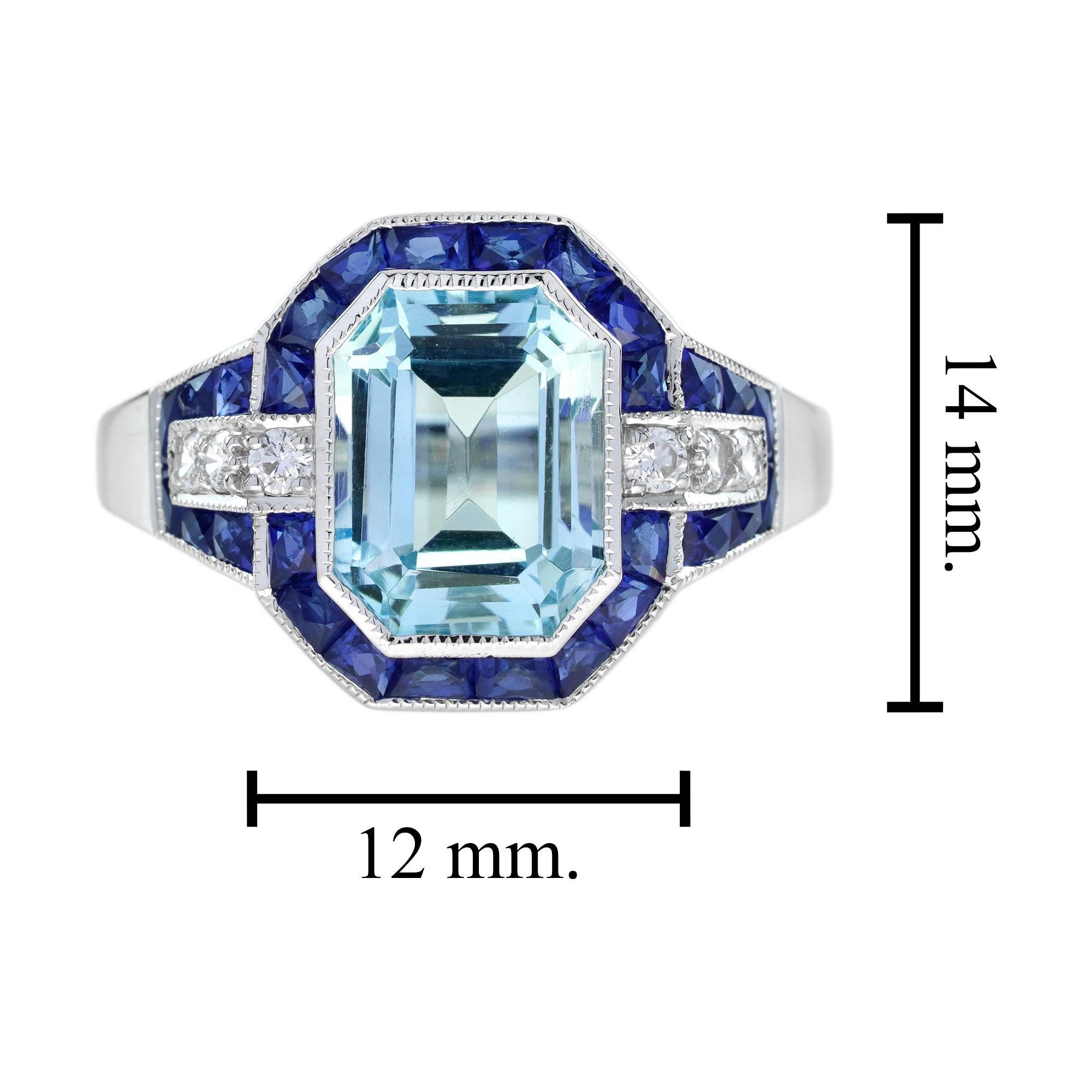 Emerald Cut Blue Topaz Sapphire Diamond Art Deco Style Ring in 18K White Gold For Sale 3