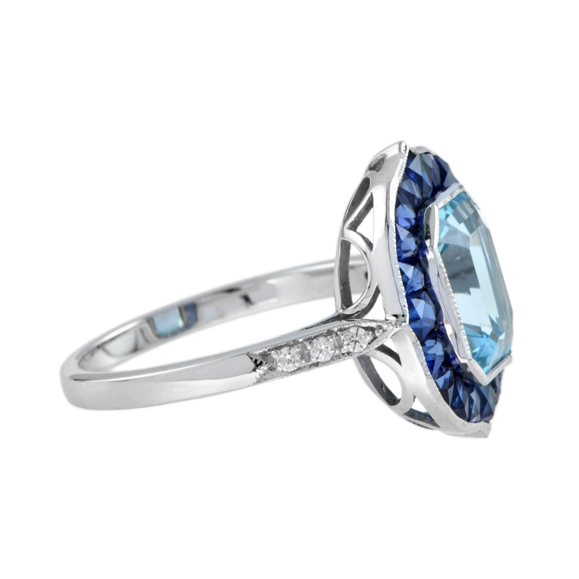 Art Deco Emerald Cut Blue Topaz Sapphire Diamond Engagement Ring in 18k White Gold For Sale