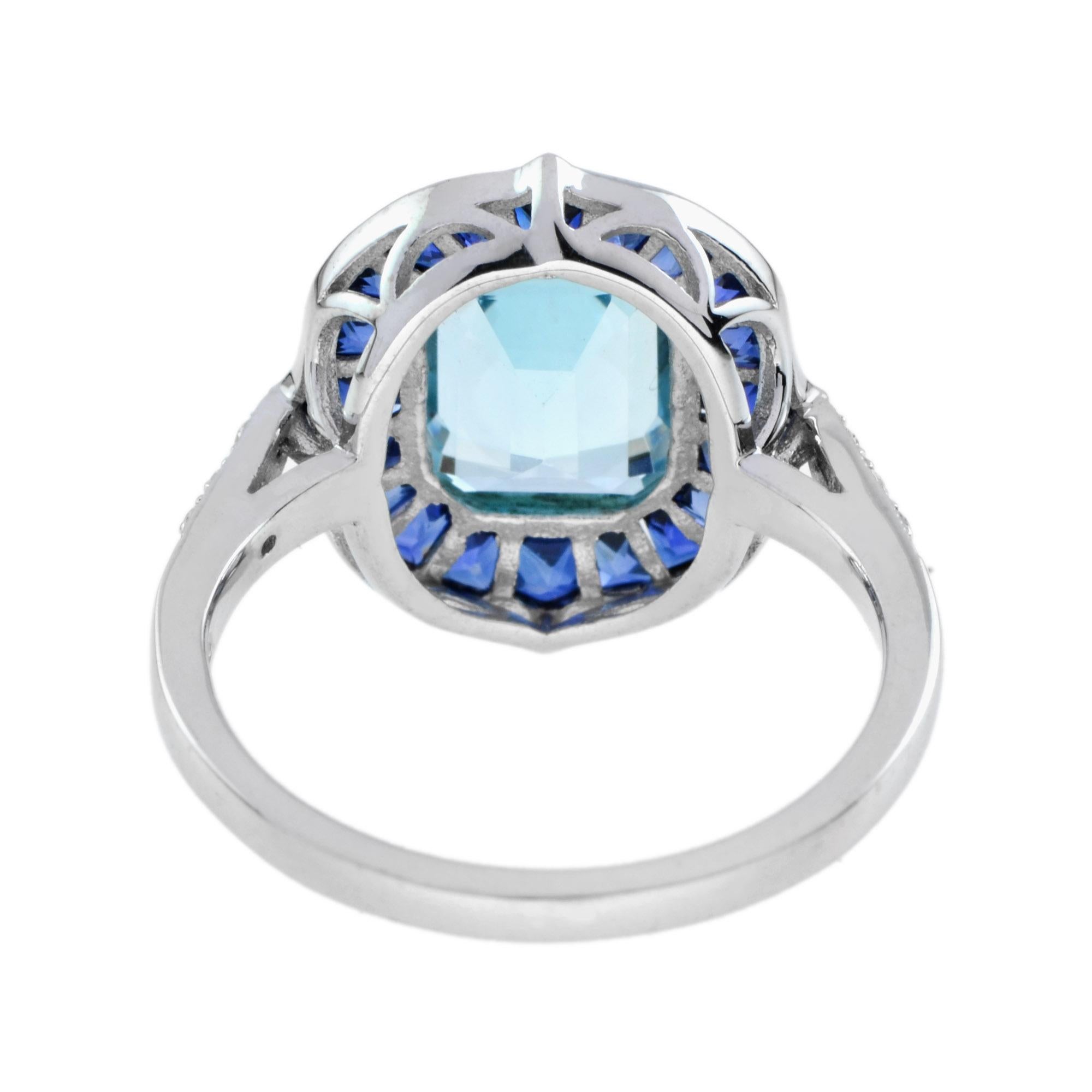 Emerald Cut Blue Topaz Sapphire Diamond Engagement Ring in 18k White Gold In New Condition For Sale In Bangkok, TH