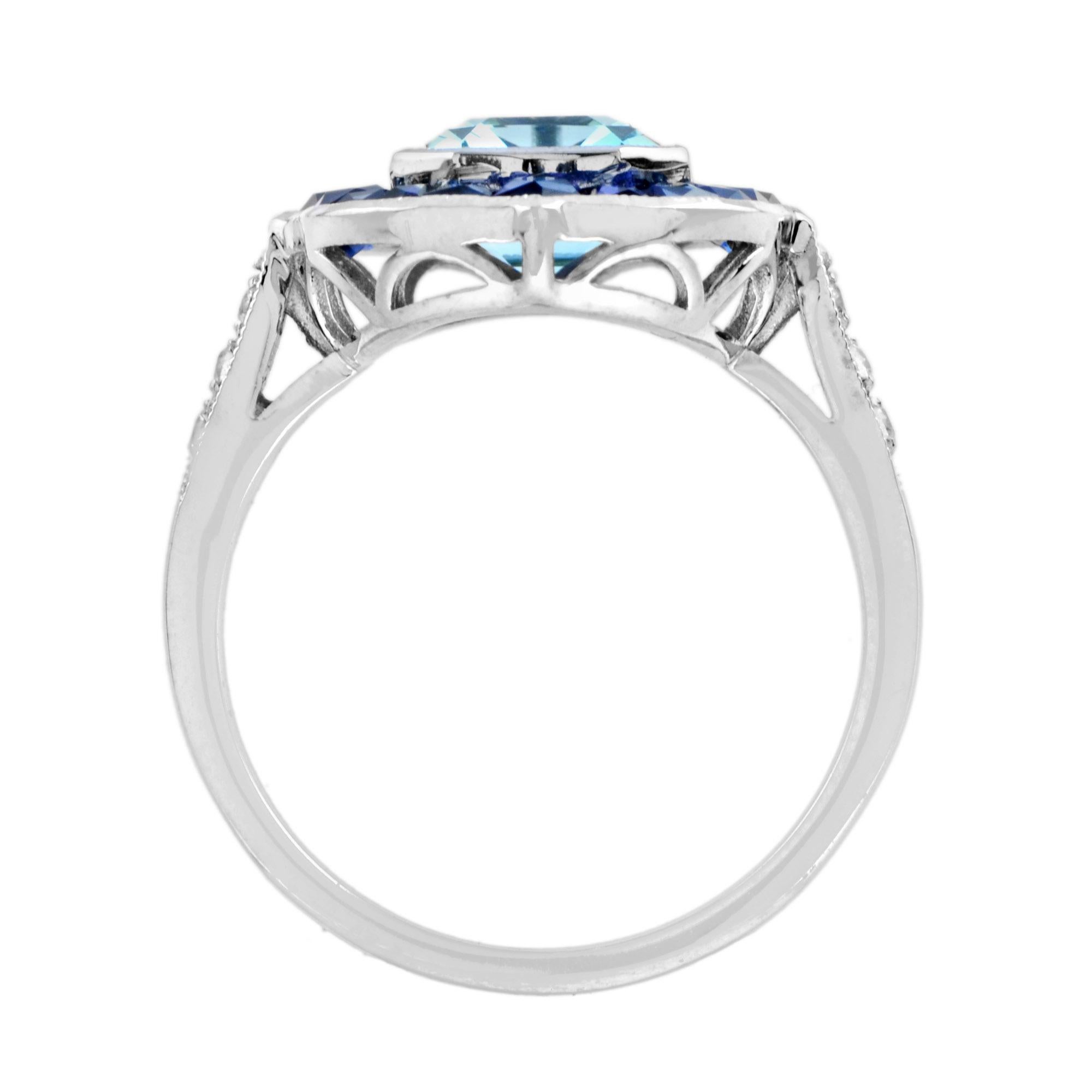 Women's Emerald Cut Blue Topaz Sapphire Diamond Engagement Ring in 18k White Gold For Sale