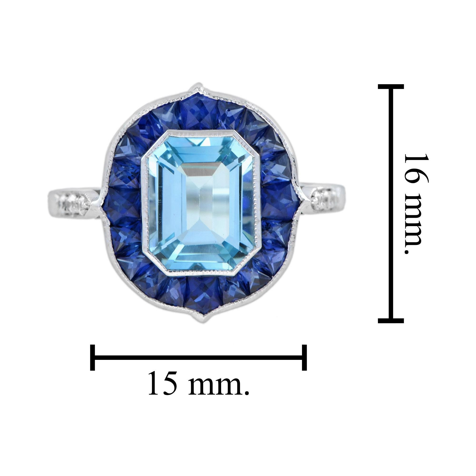 Bague de fiançailles en or blanc 18 carats avec topaze bleue taille émeraude, saphir et diamant Pour femmes en vente