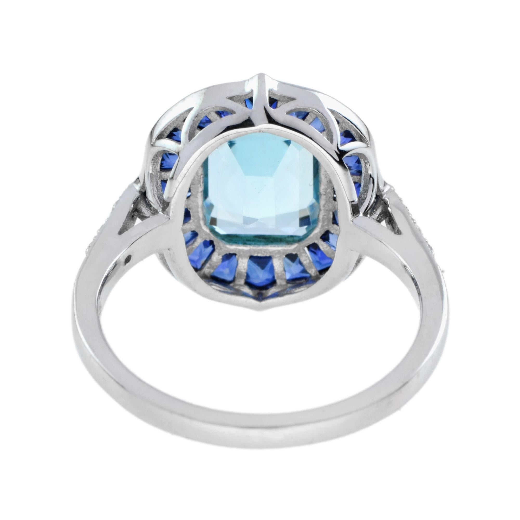 Emerald Cut Blue Topaz & Sapphire Halo Diamond Engagement 14K White Gold Ring (Smaragdschliff) im Angebot